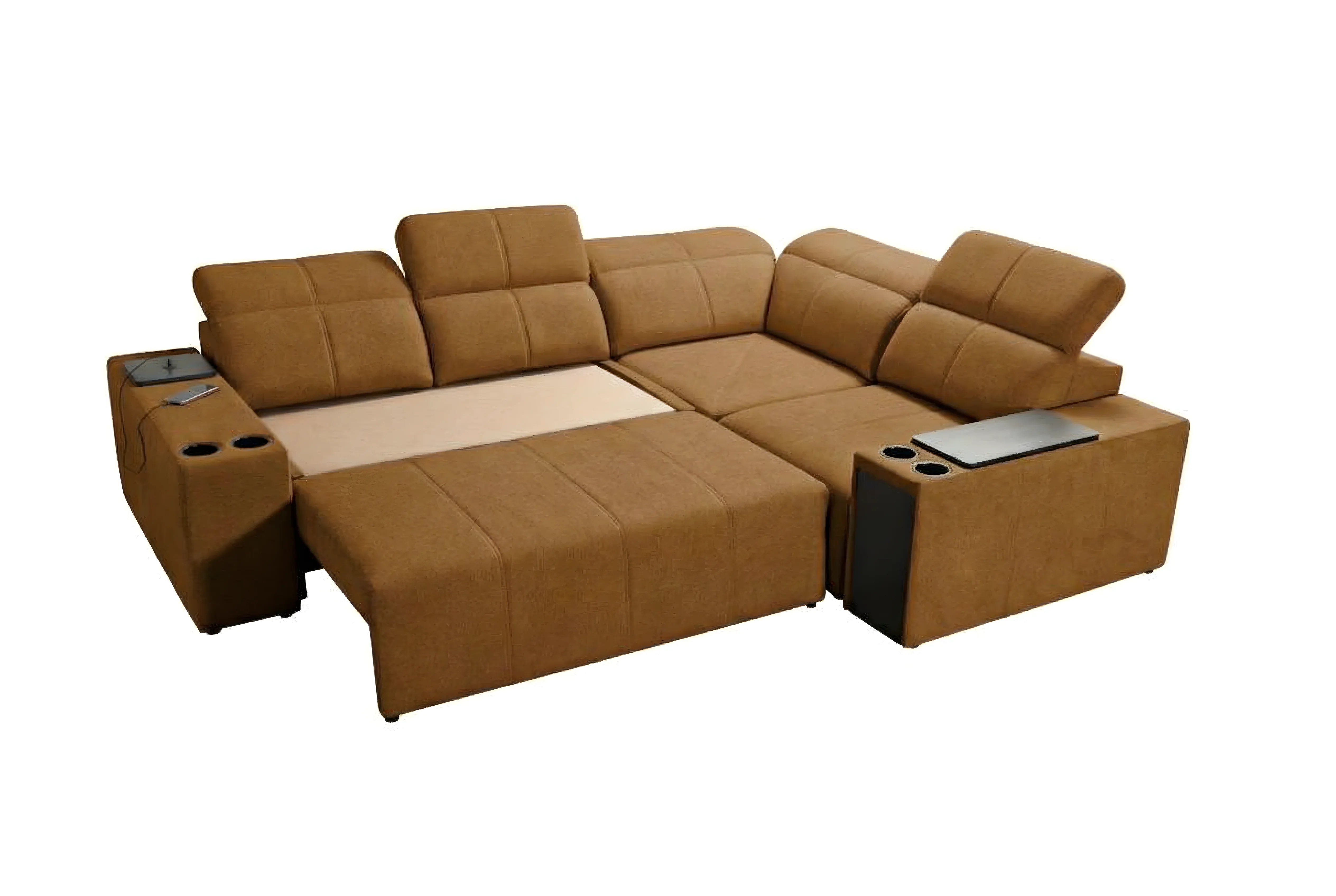 Canapé d'angle convertible marron en tissu avec table et porte-gobelets, design moderne pour salon