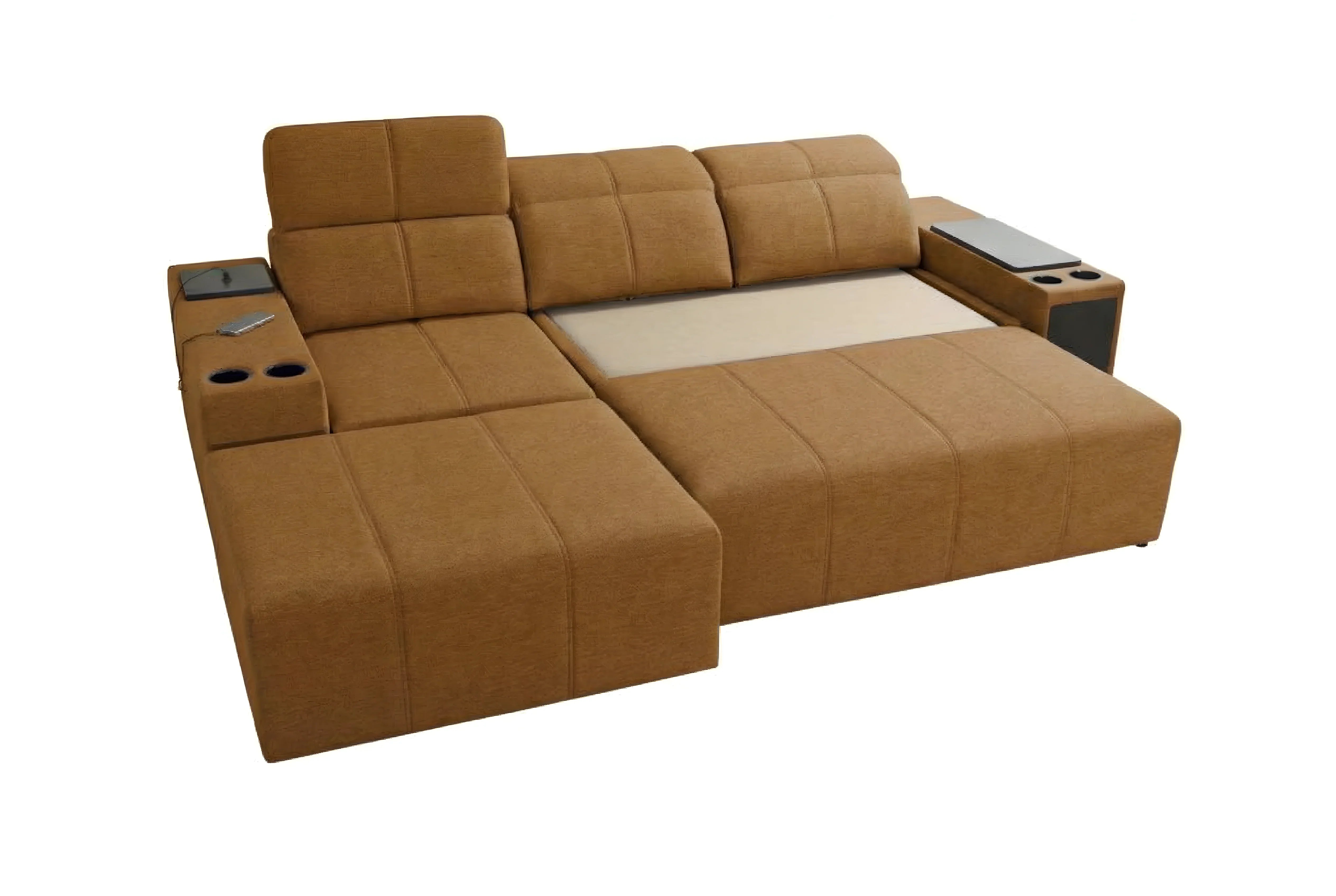 Canapé d'angle convertible marron en tissu texturé. Idéal salon, design contemporain et confortable.