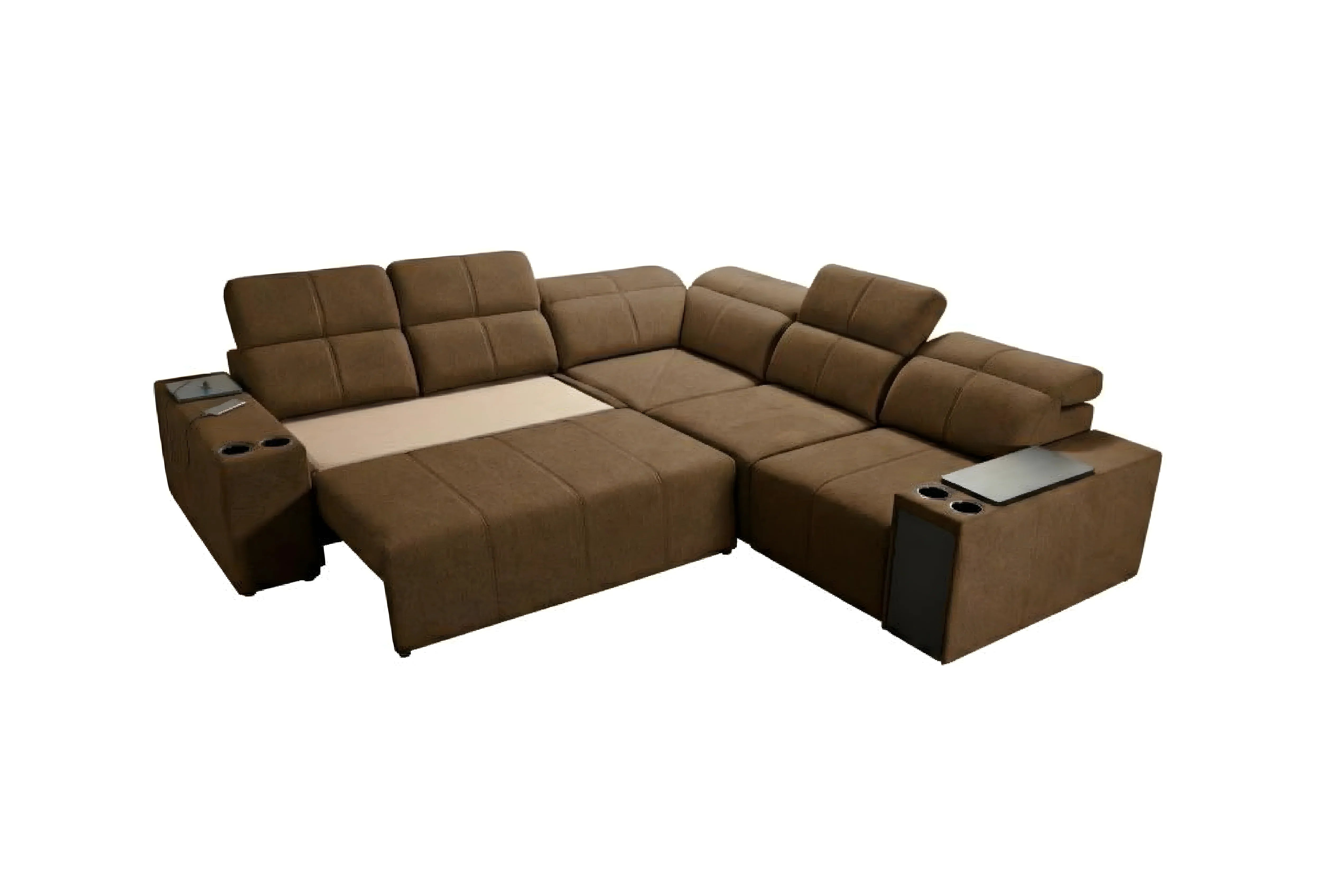 Canapé d'angle marron en tissu avec accoudoirs, design moderne pour salon, photo sur fond blanc