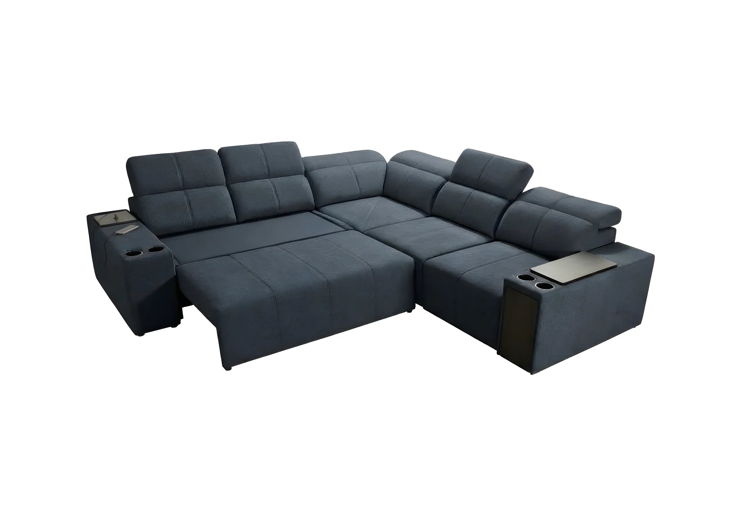Canapé d'angle convertible bleu clair en tissu, design moderne avec porte-gobelets et tablettes intégrées pour salon.