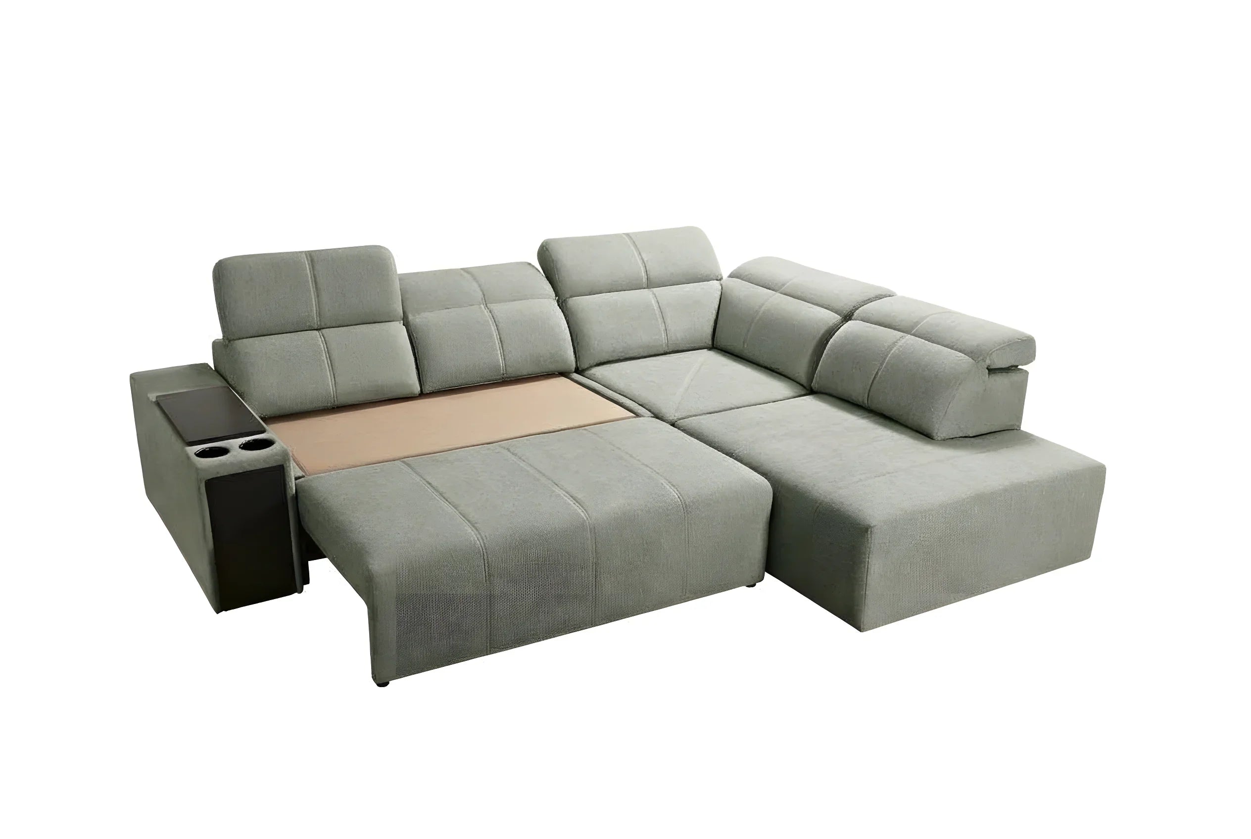 Canapé d'angle convertible en tissu gris clair avec table d'appoint intégrée, idéal pour salon moderne