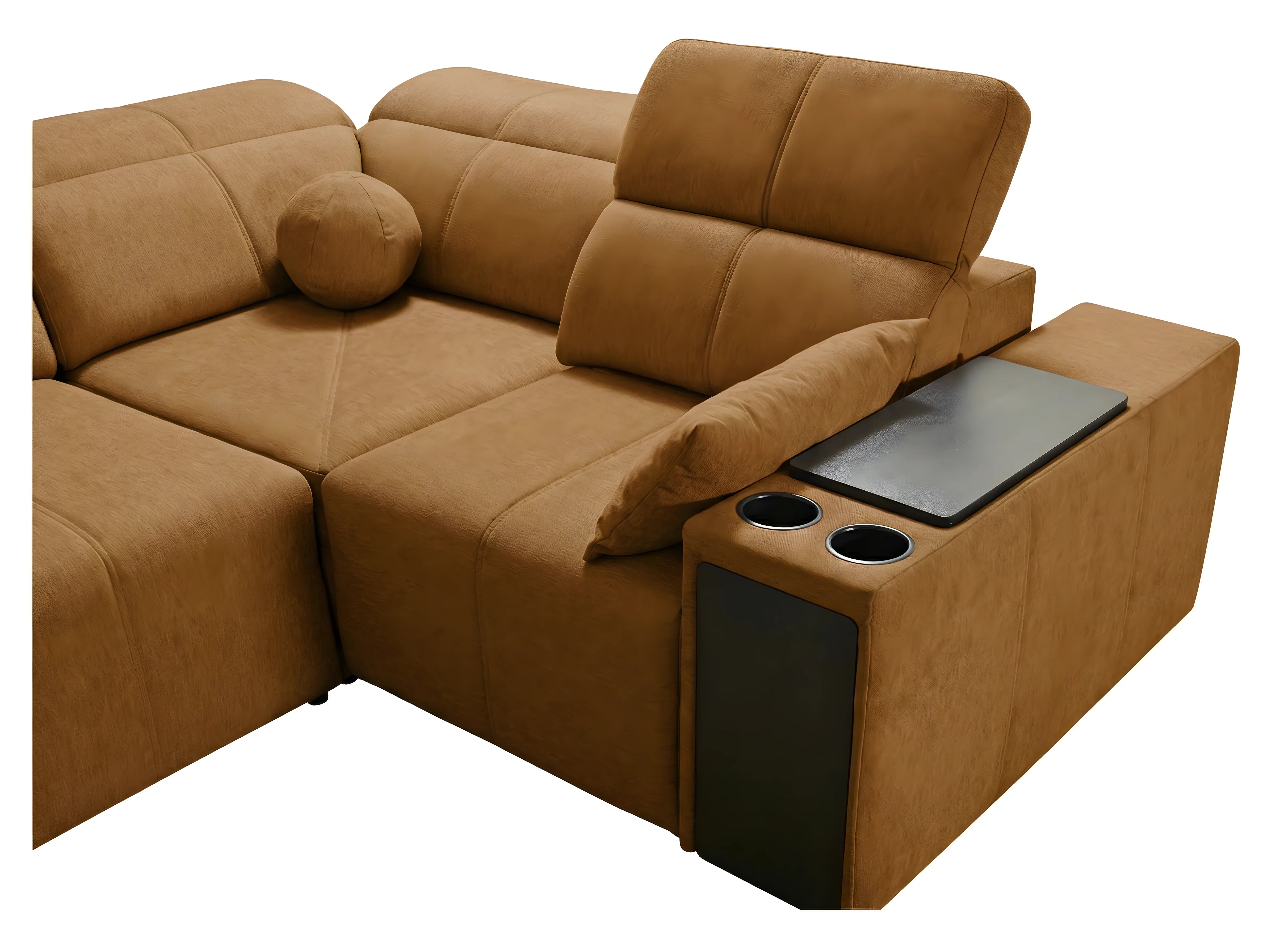 Canapé d'angle en cuir marron avec table intégrée et porte-gobelets pour salon moderne, confortable et élégant