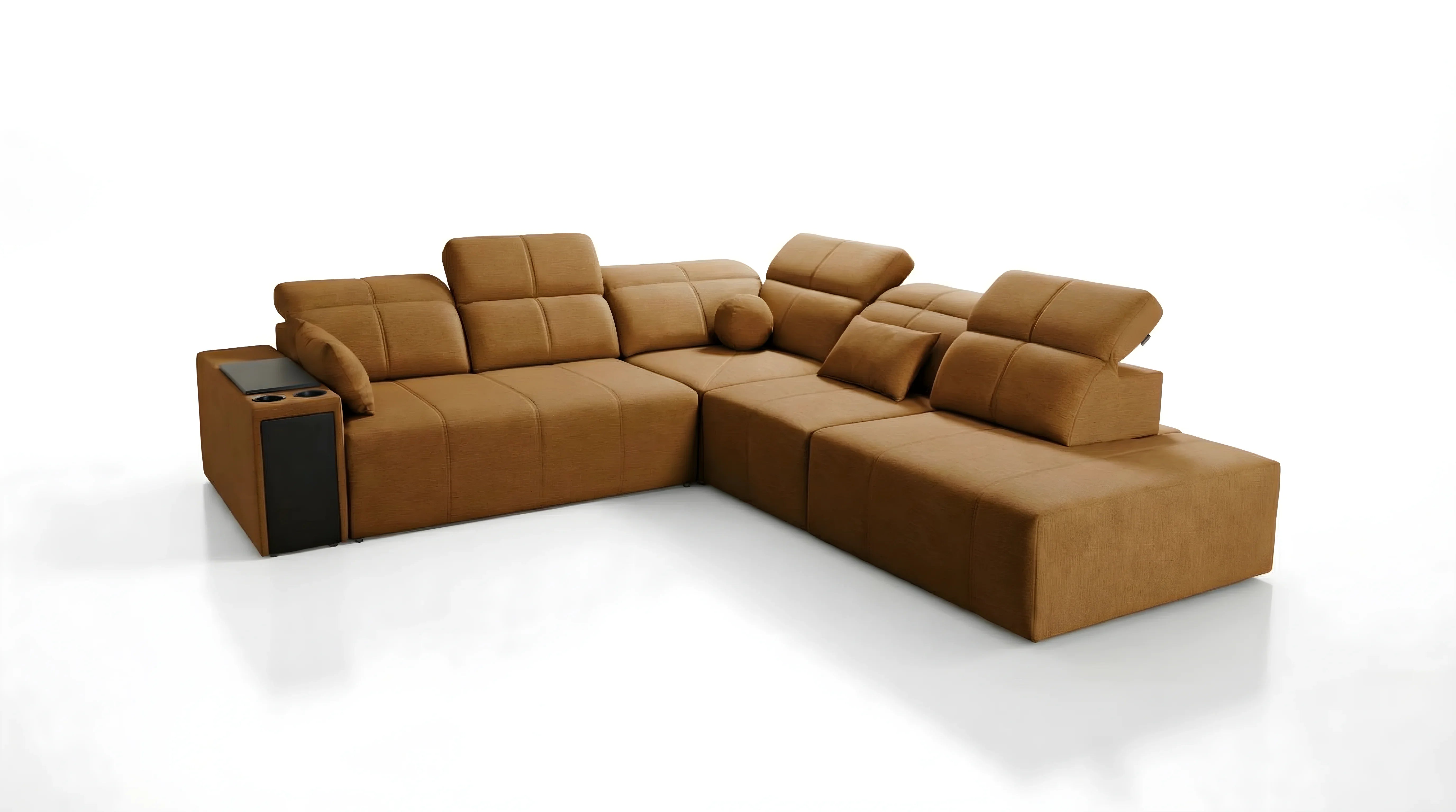 Canapé d'angle en cuir marron avec table intégrée, porte-gobelets et coussins pour salon moderne