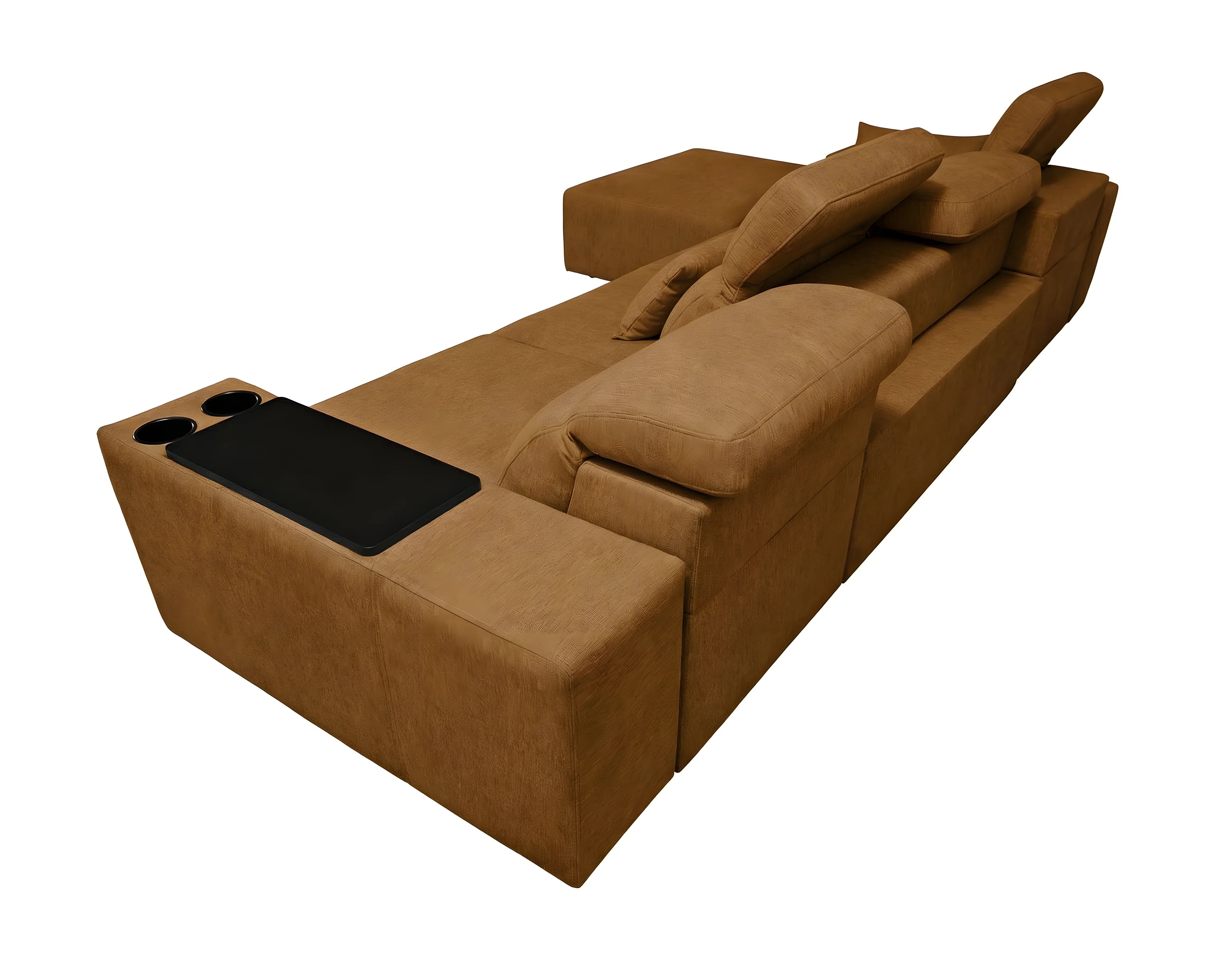 Canapé d'angle en cuir marron avec coussins, table noire et porte-gobelets, pour salon moderne