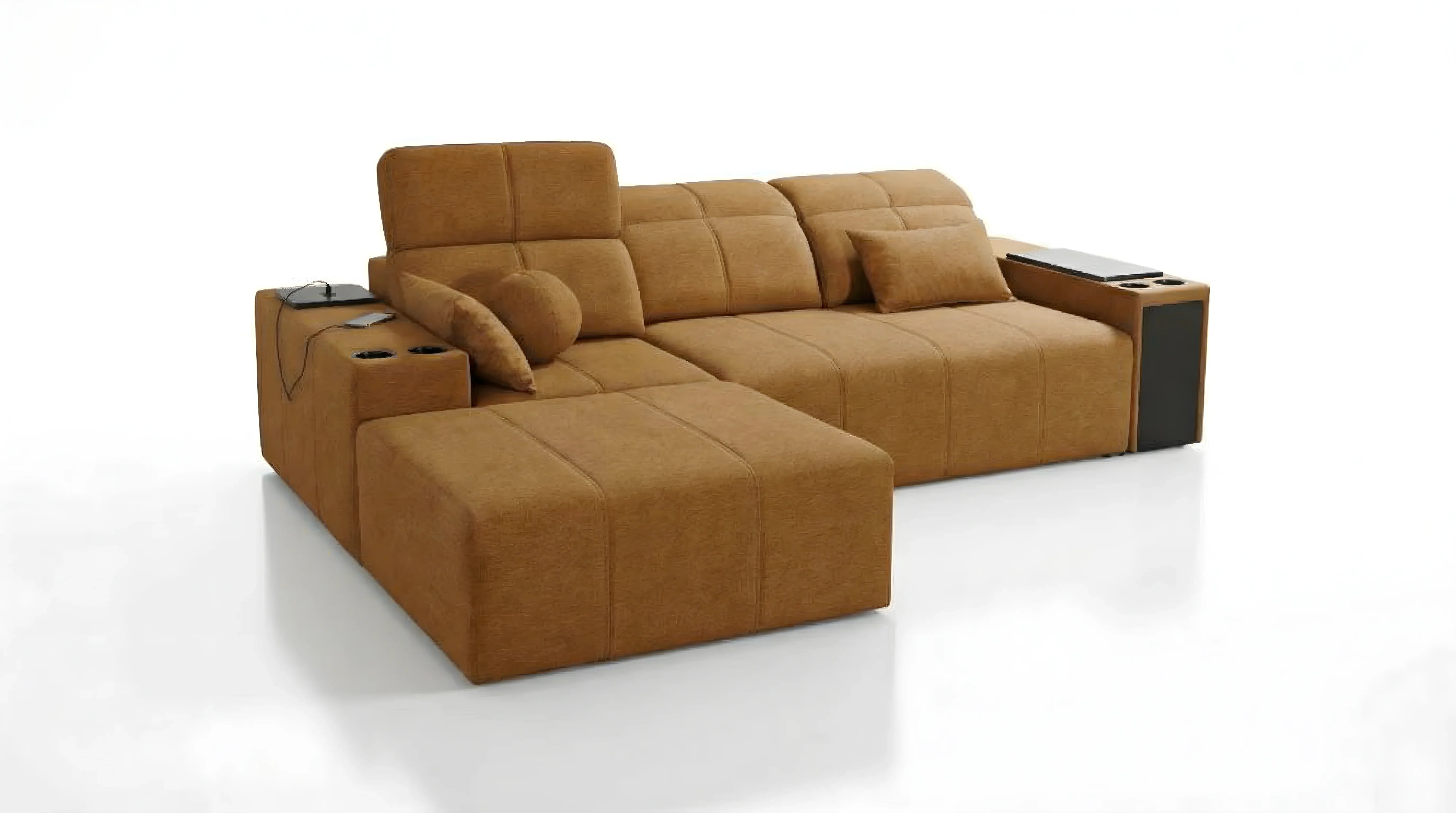 Canapé d'angle marron en tissu avec coussins, accoudoirs et chargeur pour salon moderne sur fond blanc