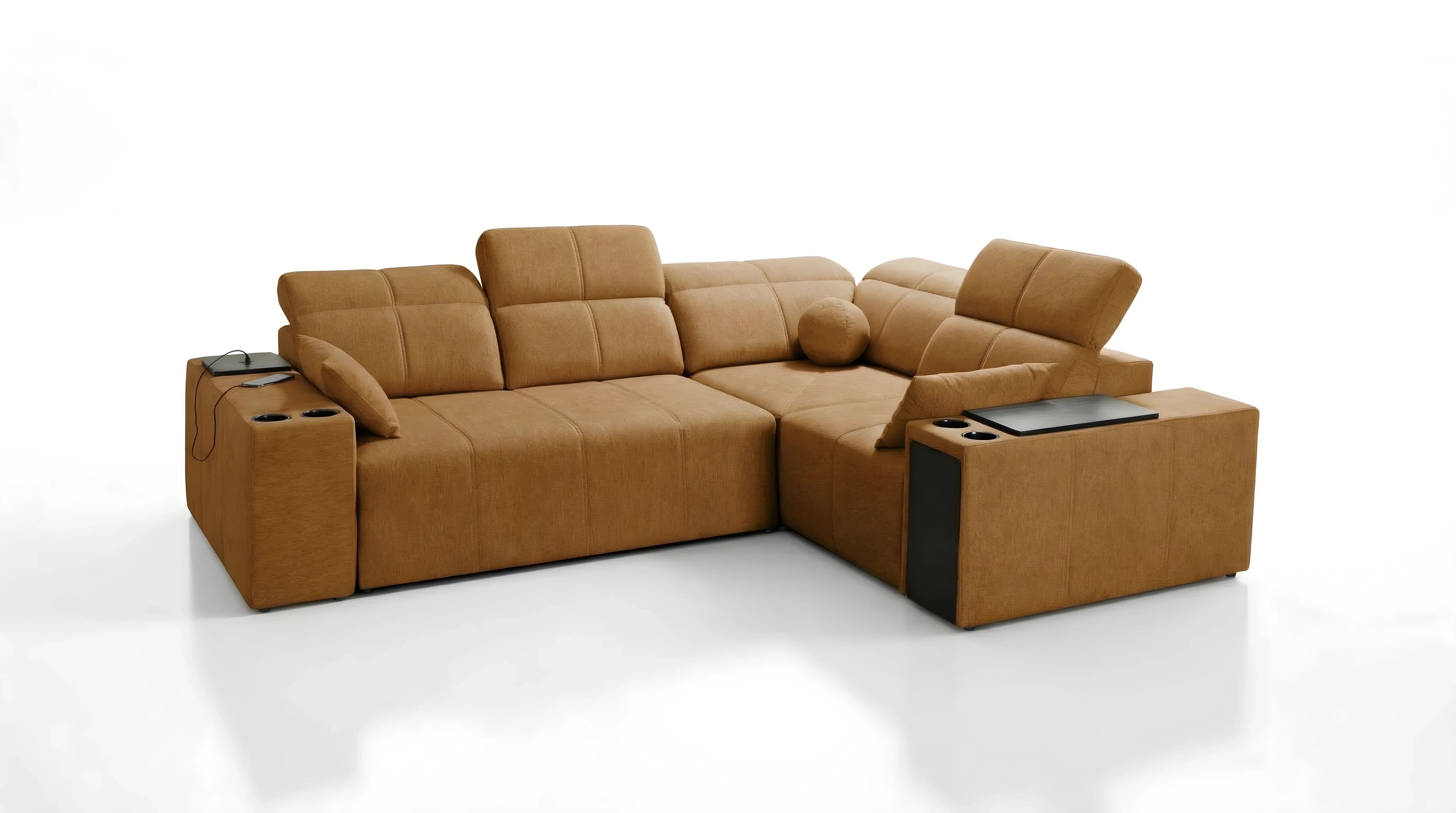 Canapé d'angle marron en tissu, avec coussins, accoudoirs, porte-gobelets et tablette, parfait pour salon moderne