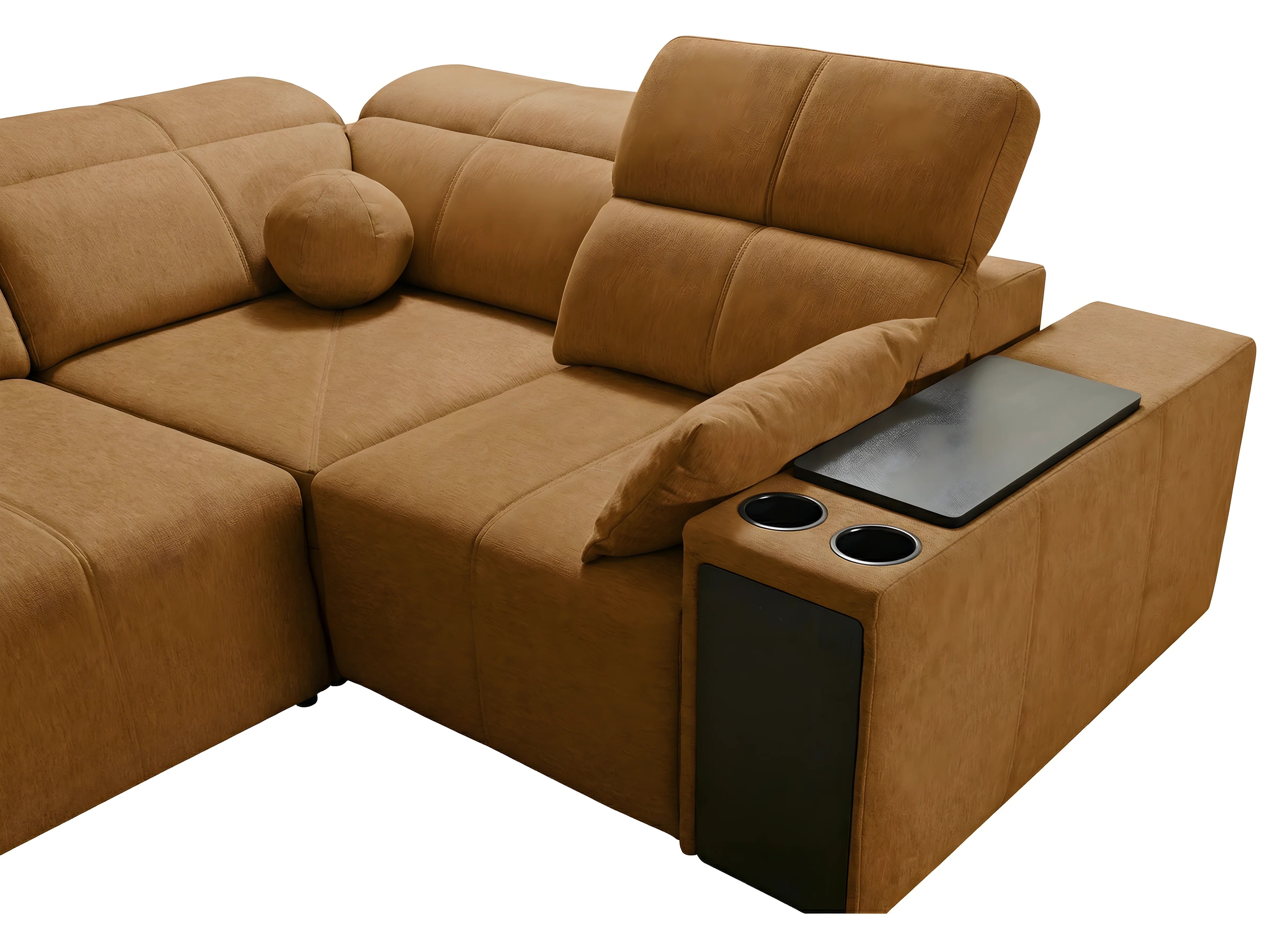 Canapé d'angle marron en tissu avec table intégrée, accoudoir et coussins pour salon moderne