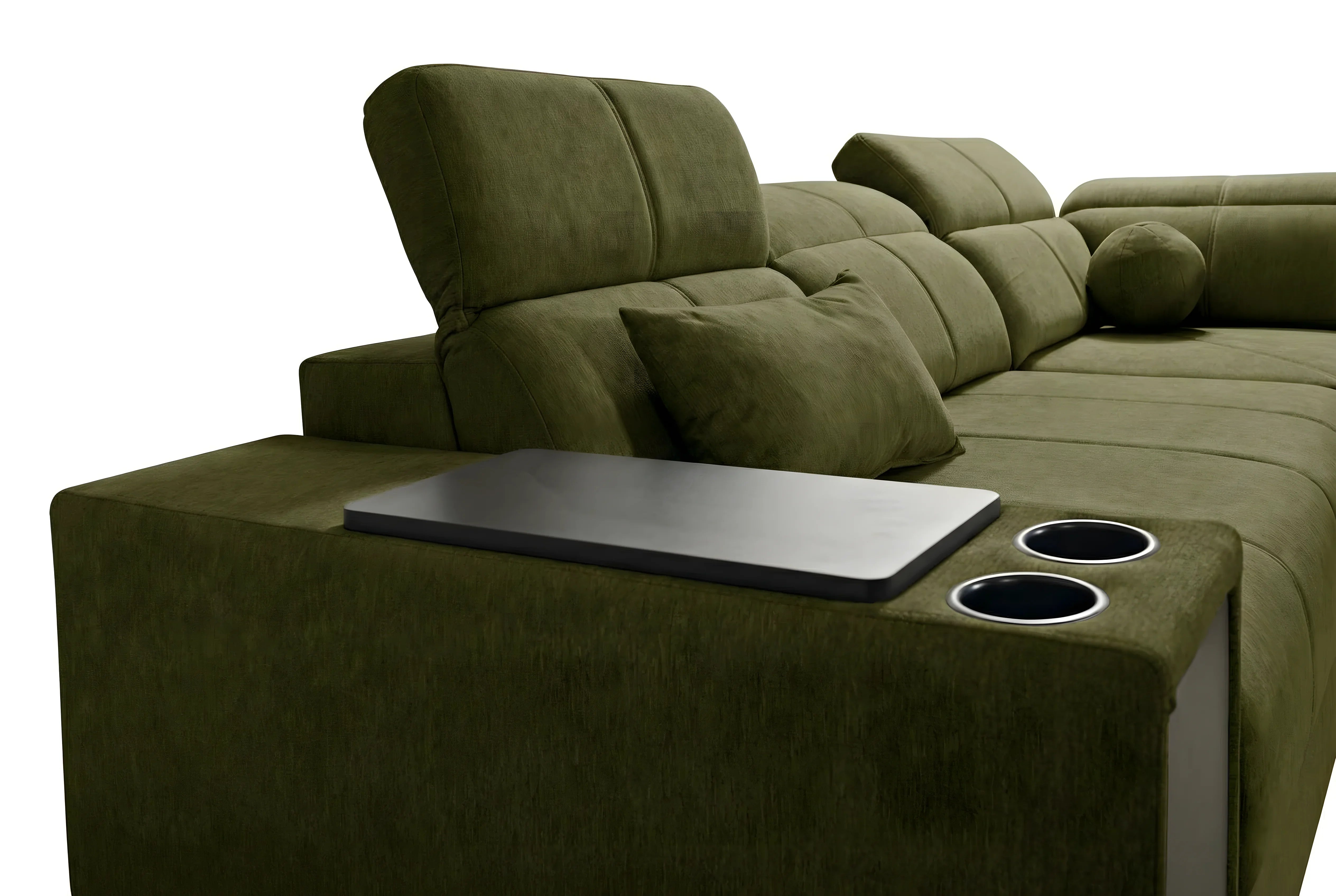 Canapé d'angle vert olive en tissu avec table intégrée et porte-gobelets, pour salon moderne et confortable