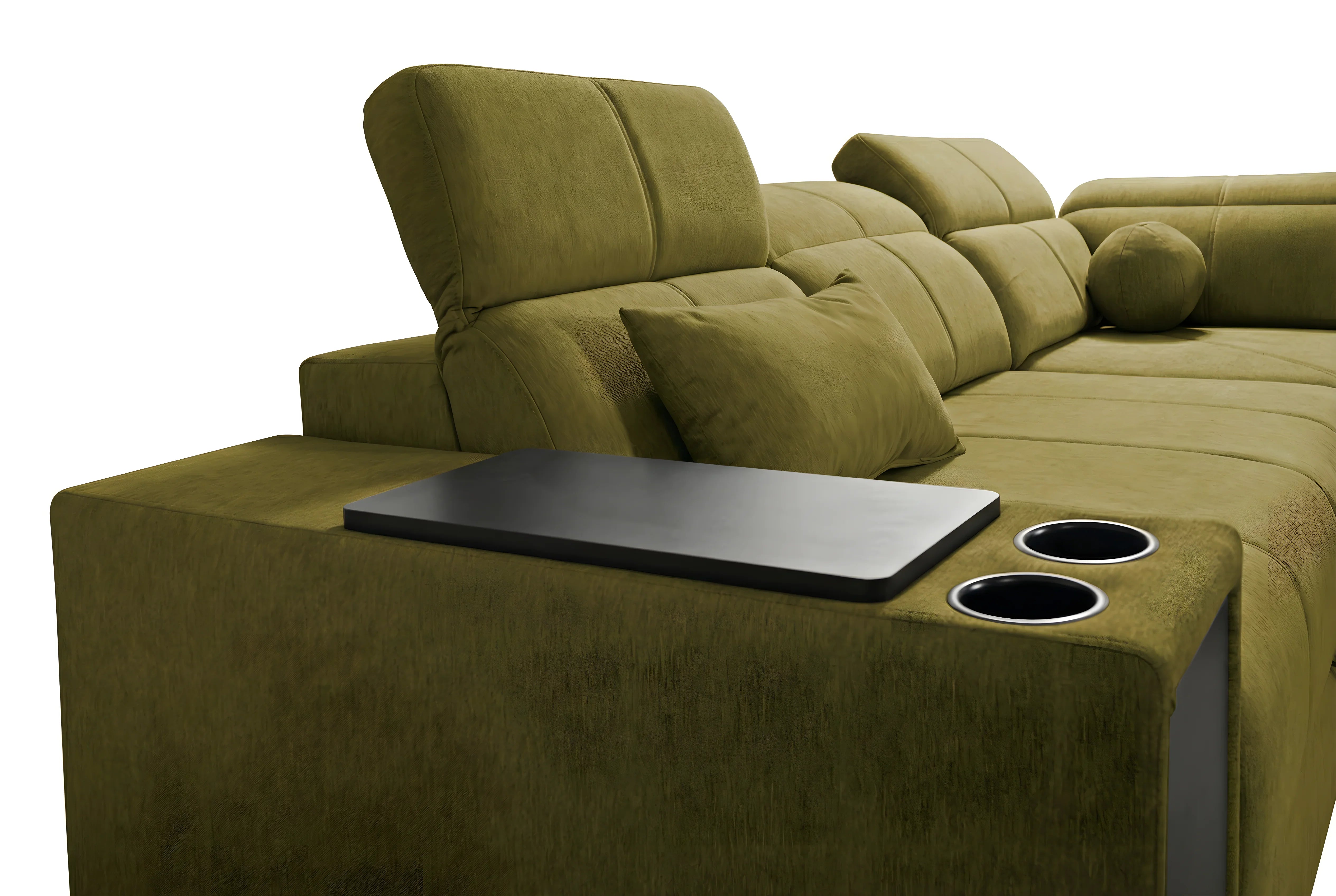 Canapé d'angle vert olive en tissu avec table intégrée, deux porte-gobelets et coussins pour salon moderne