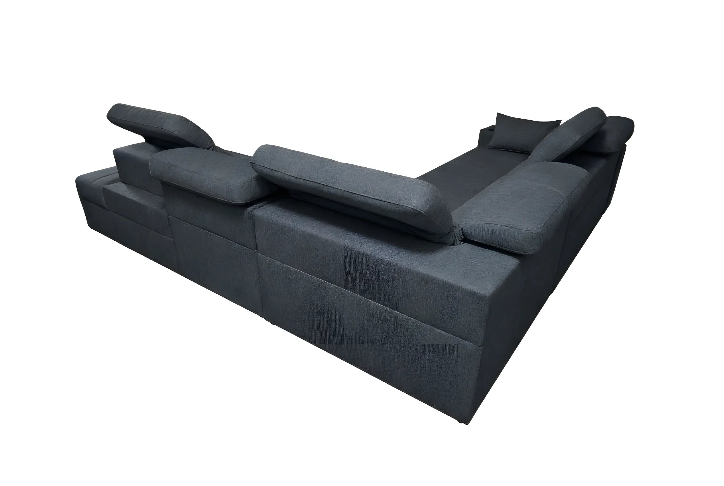 Canapé d'angle gris anthracite en tissu, design moderne, idéal salon, vue de trois quarts, fond blanc, sans personne
