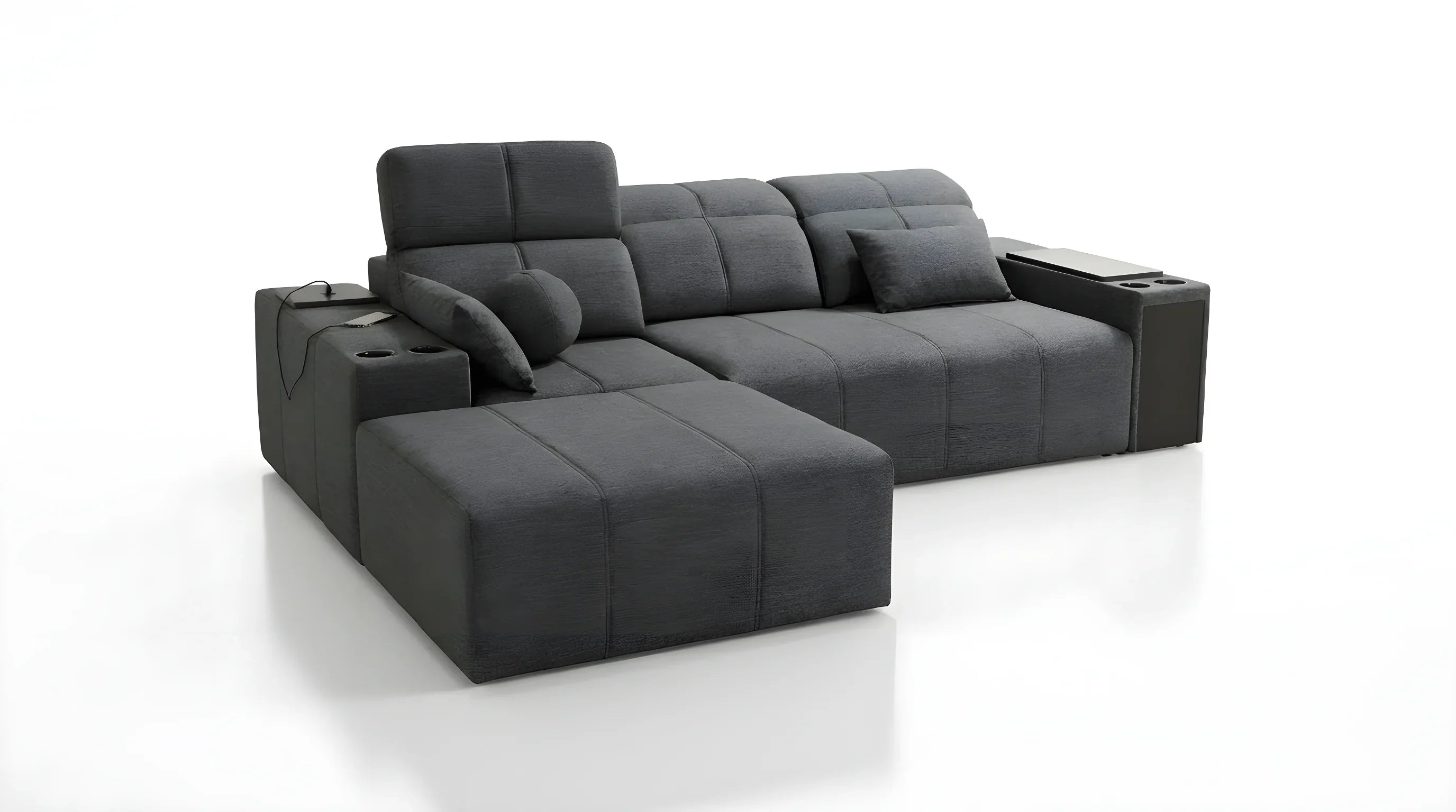 Canapé d'angle moderne gris anthracite en tissu, avec ottomane et accoudoirs, idéal salon contemporain