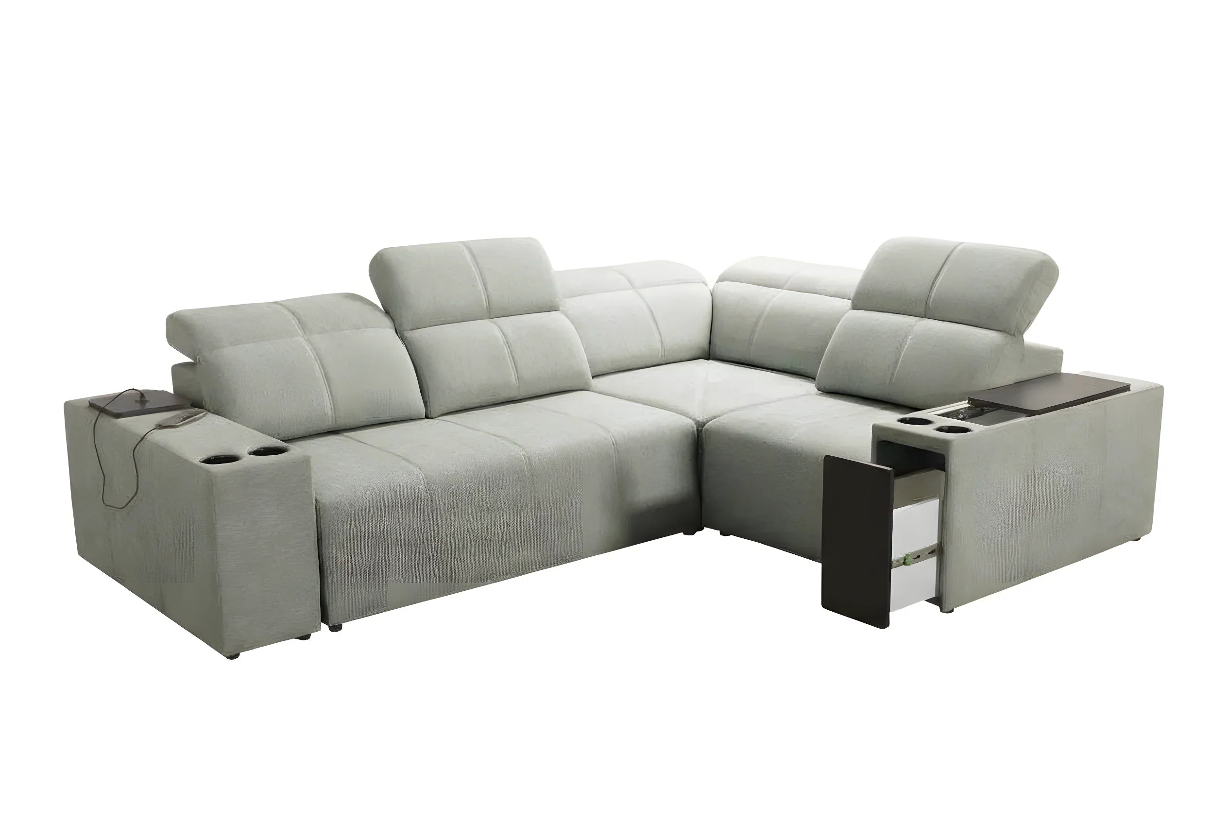 Canapé d'angle gris clair en cuir, design moderne avec coussins et tablettes latérales pour salon contemporain