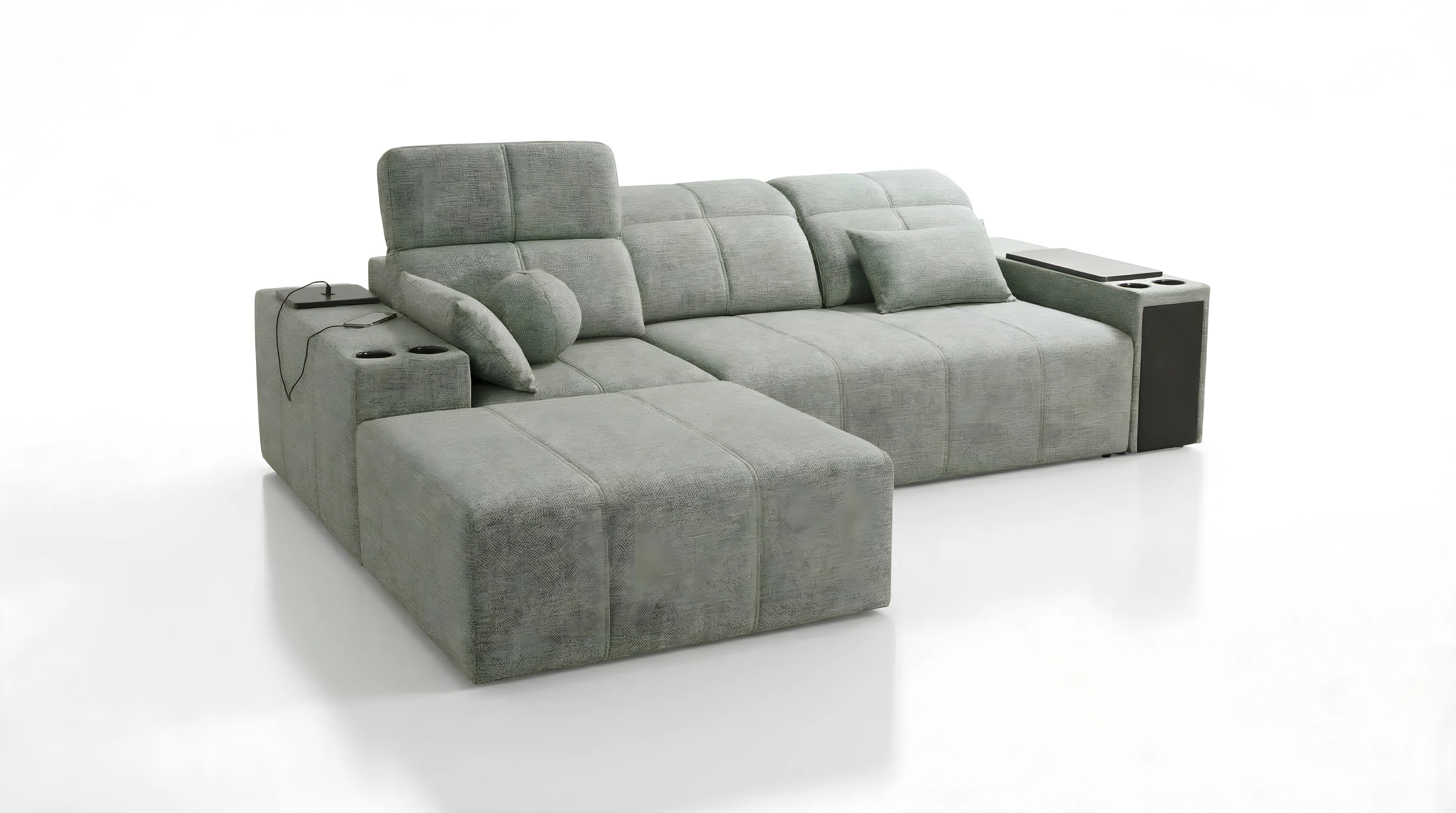 Canapé d'angle gris clair en tissu avec tablettes et porte-gobelets, pour salon moderne