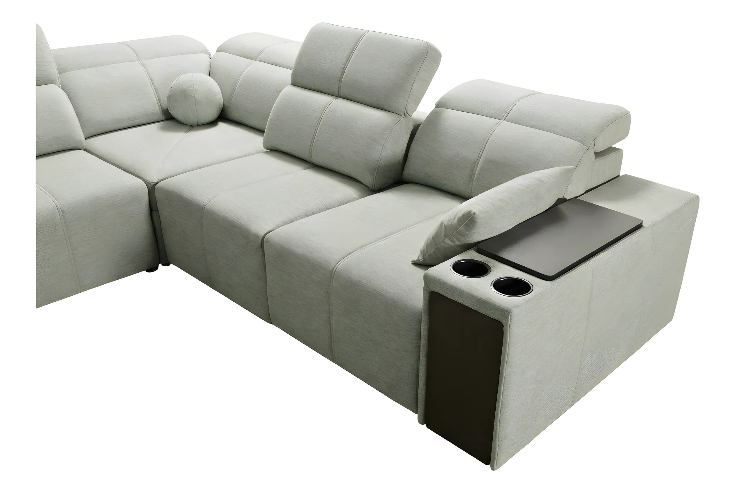 Canapé d'angle modulable gris clair en tissu avec tablettes et porte-gobelets, design moderne, salon