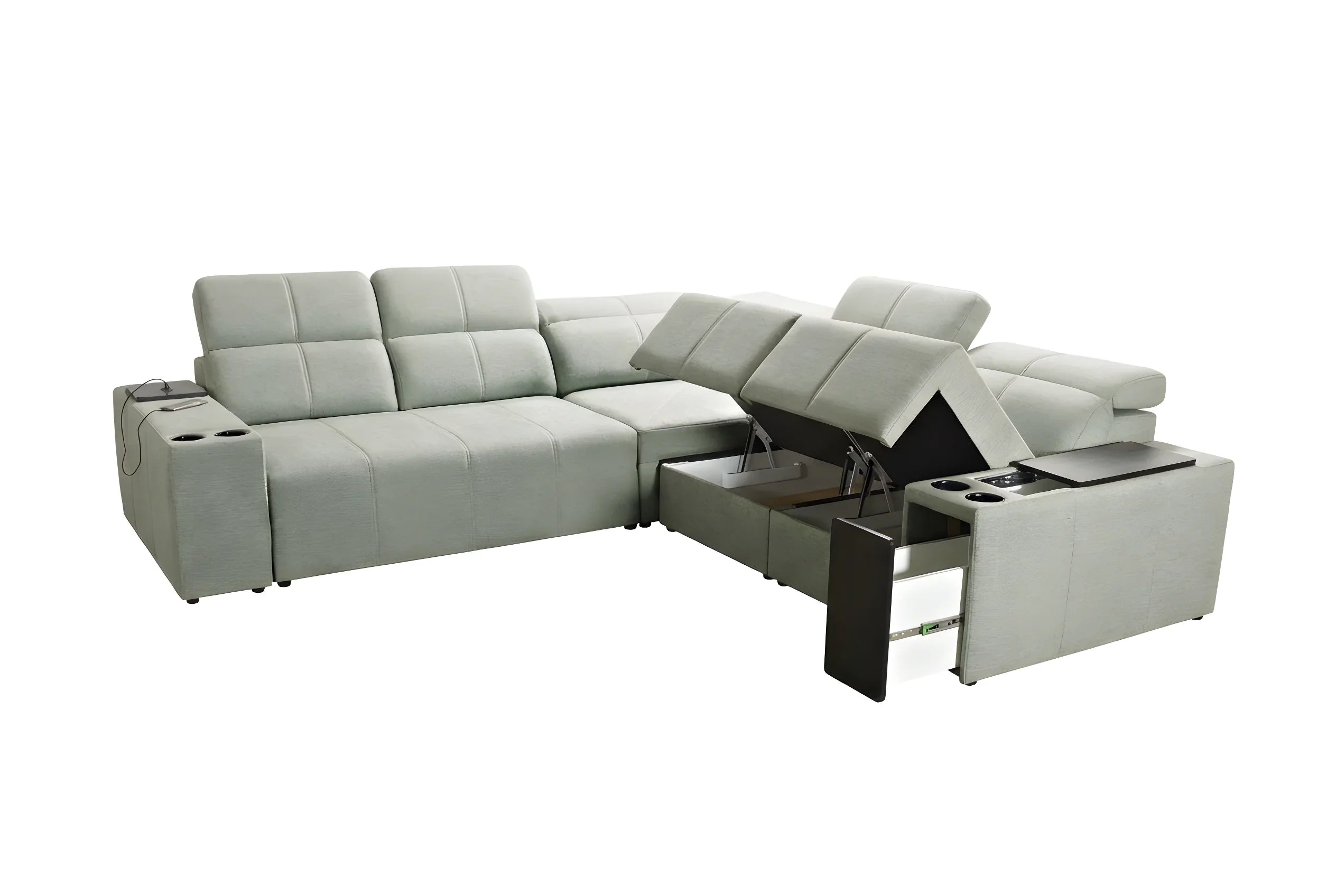Canapé d'angle gris clair en tissu avec coffres de rangement, porte-gobelets et tablettes intégrées, idéal salon moderne