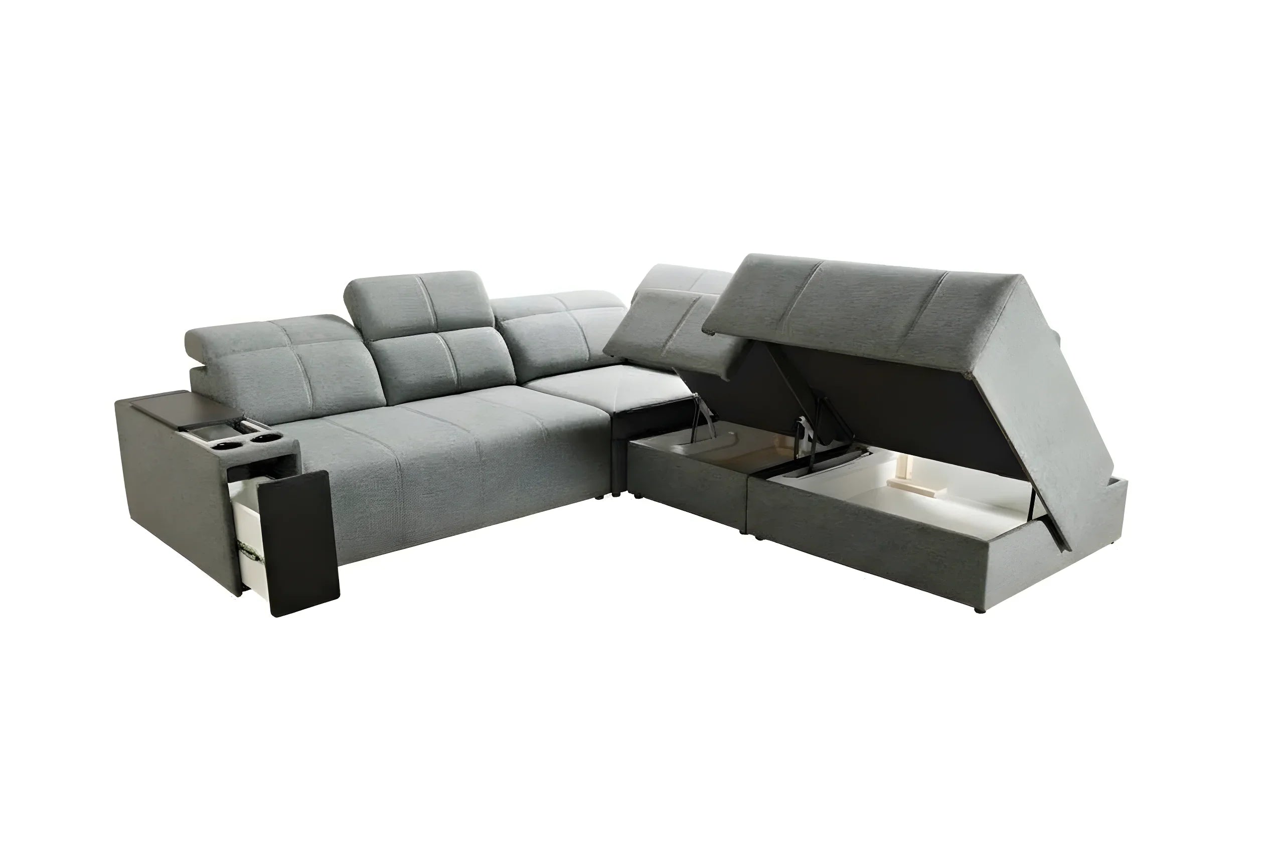 Canapé d'angle gris en tissu, convertible avec coffre de rangement, idéal salon moderne
