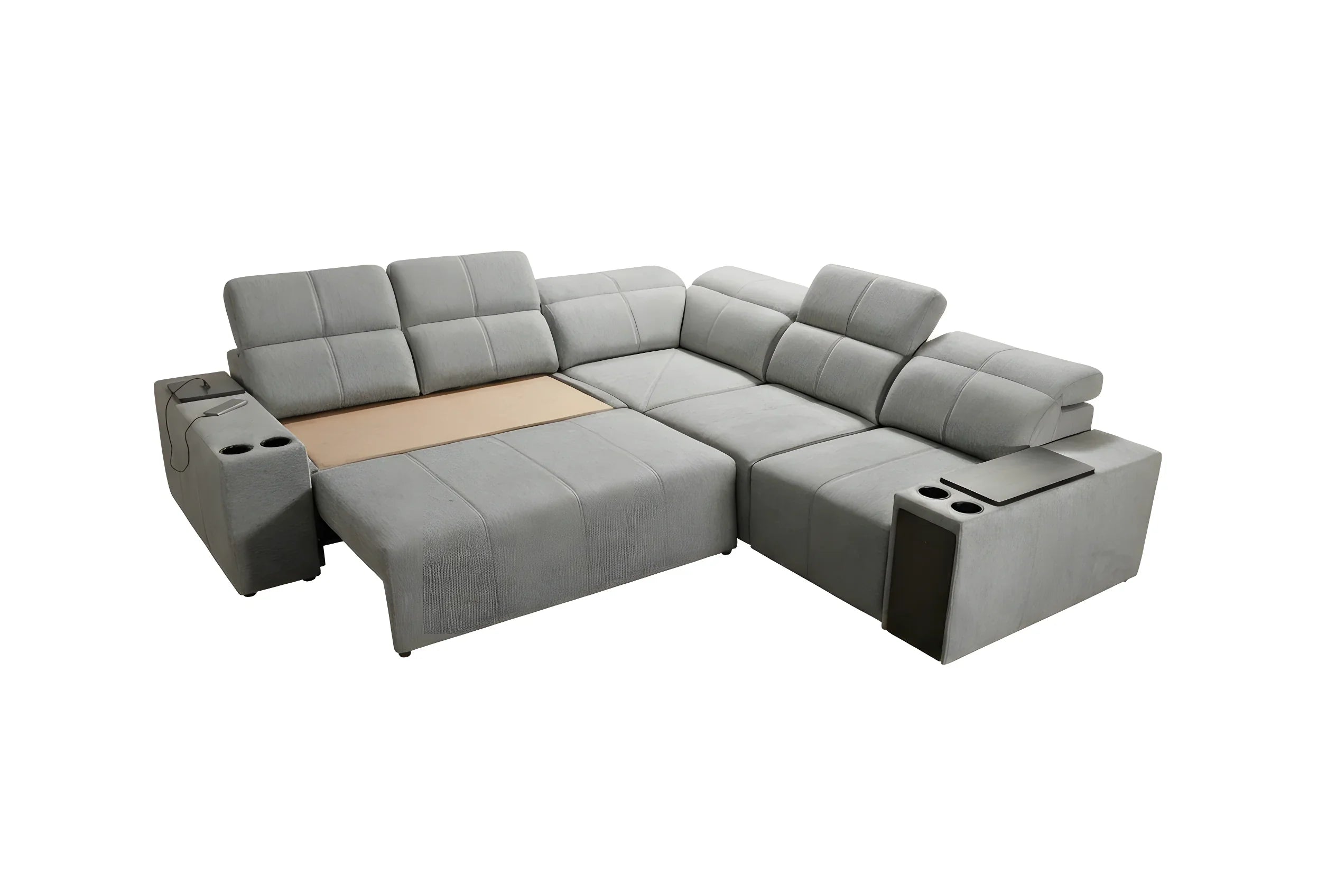 Canapé d'angle gris en tissu capitonné avec repose-tête et tablettes intégrées dans un salon moderne