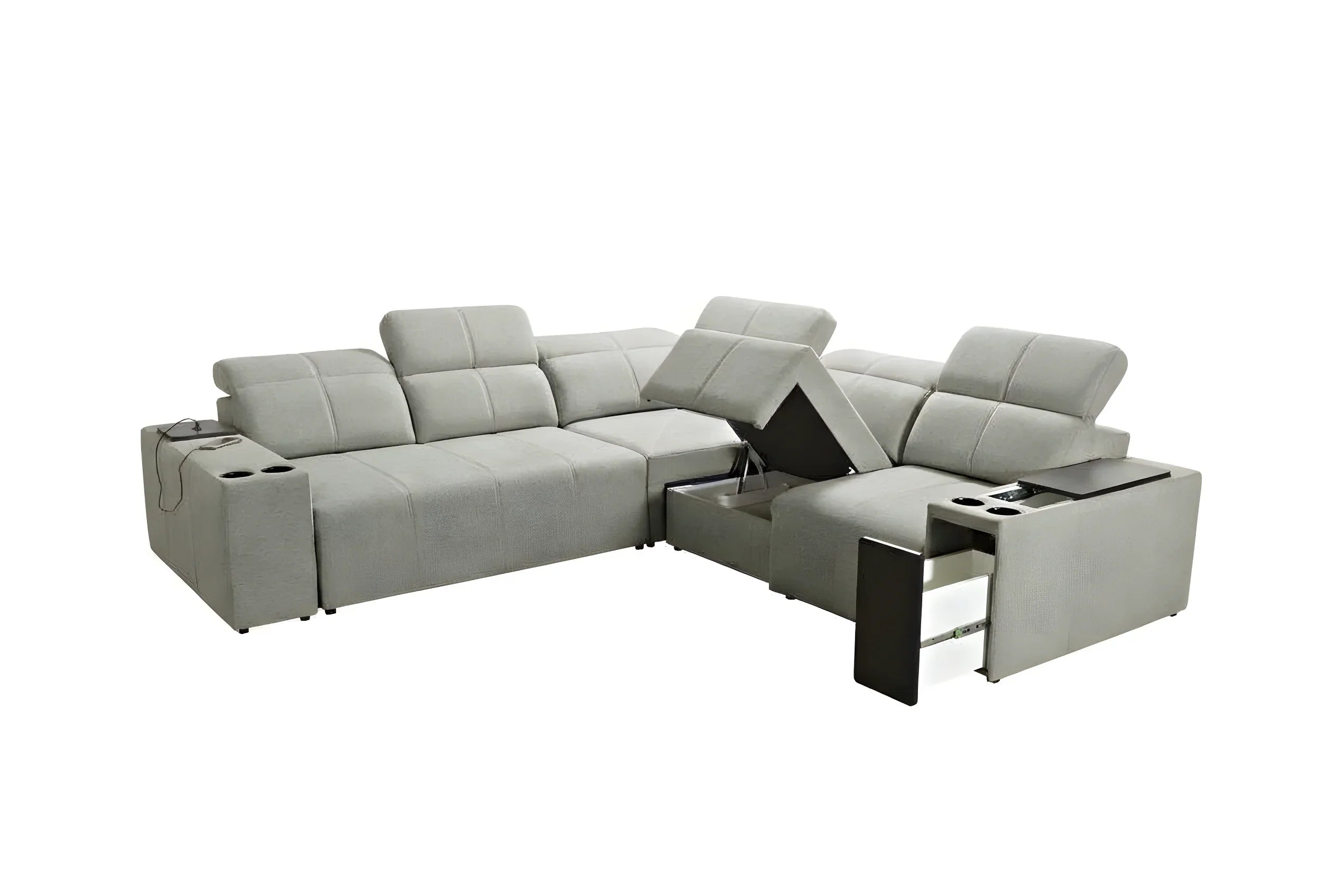 Canapé d'angle gris en tissu avec têtières réglables, rangements intégrés et accoudoirs multifonctions pour salon moderne