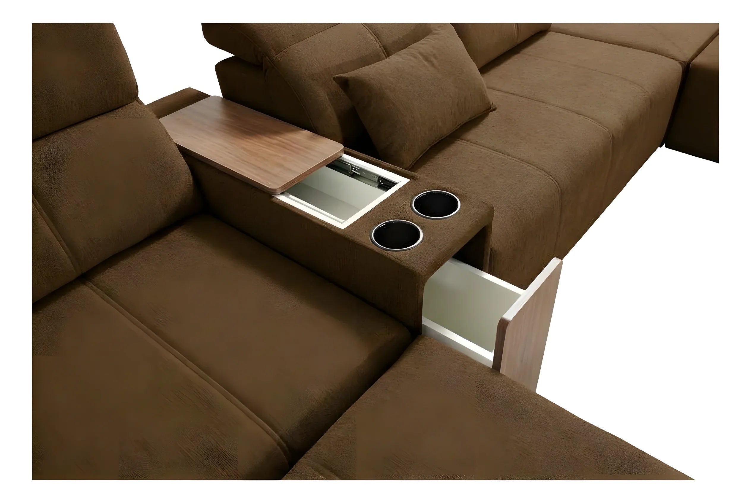 Canapé d'angle marron en tissu avec accoudoir intégré, porte-gobelets, rangement et tablette en bois, vue rapprochée