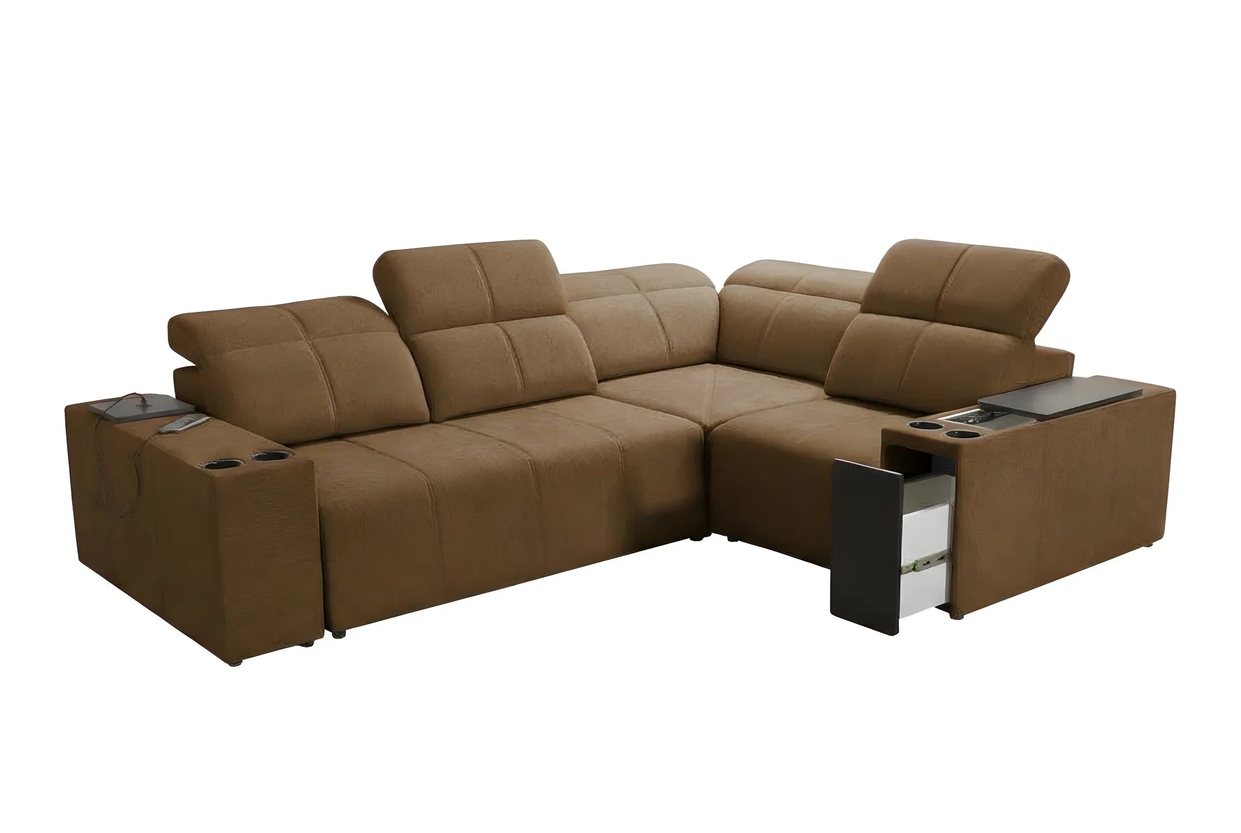 Canapé d'angle marron en tissu avec accoudoirs, porte-gobelets et tablettes pour salon moderne