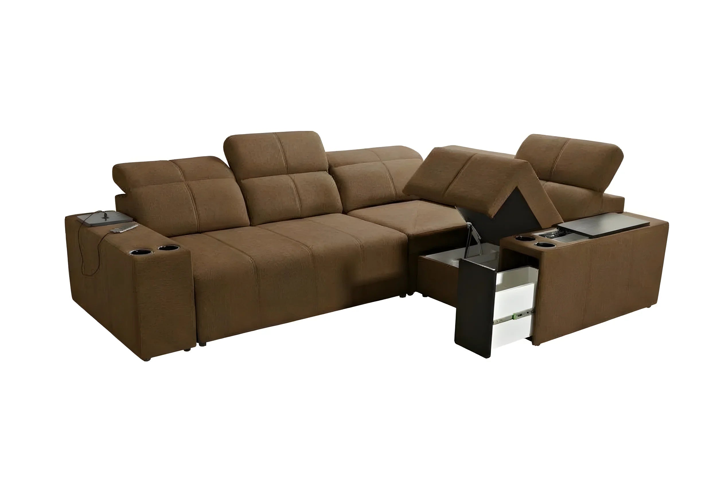 Canapé d'angle marron en tissu avec coussins, accoudoirs, porte-gobelets et rangements, idéal salon