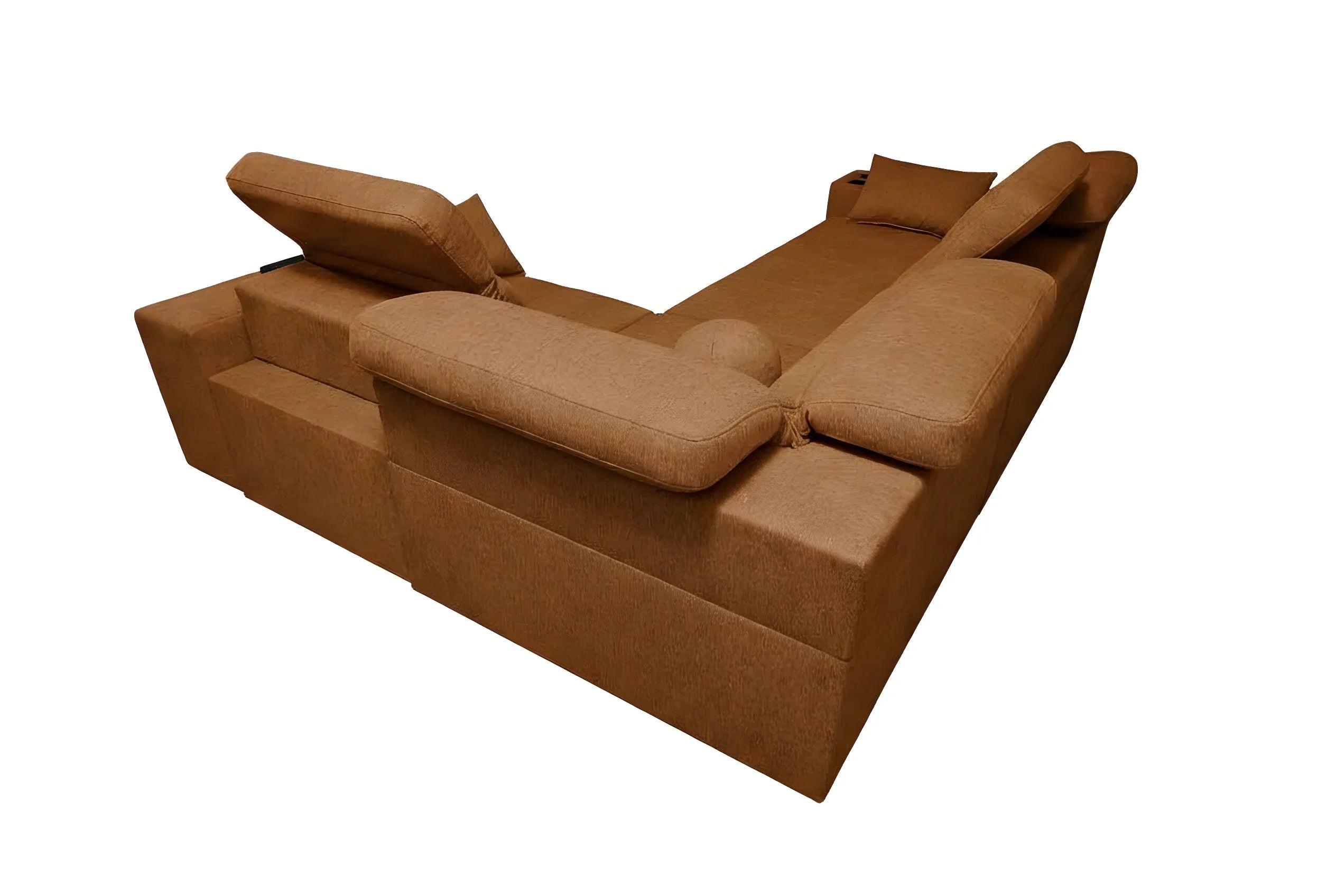 Canapé d'angle marron en tissu texturé pour salon, design contemporain avec coussins et accoudoirs confortables