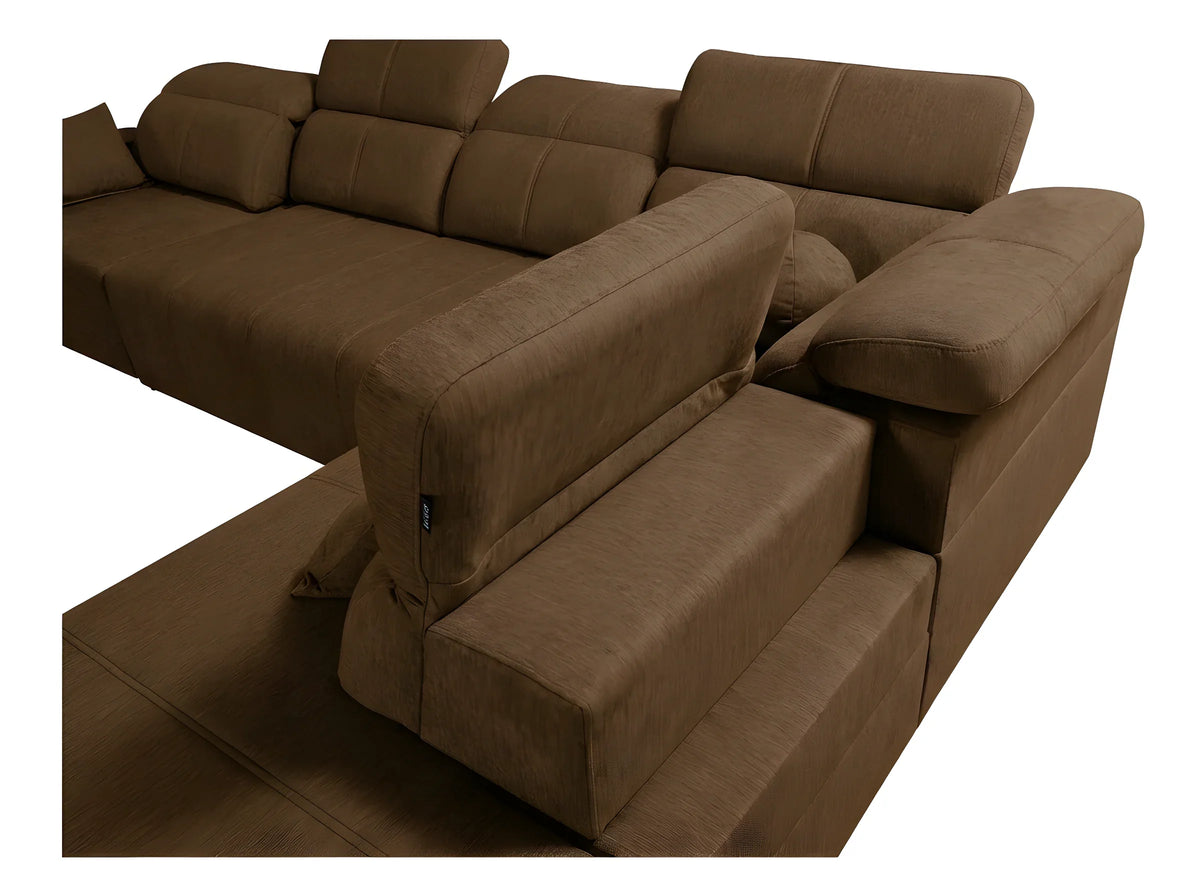 Canapé d'angle marron en tissu doux, design contemporain, idéal pour salon, vue de dessus, détails des coussins.