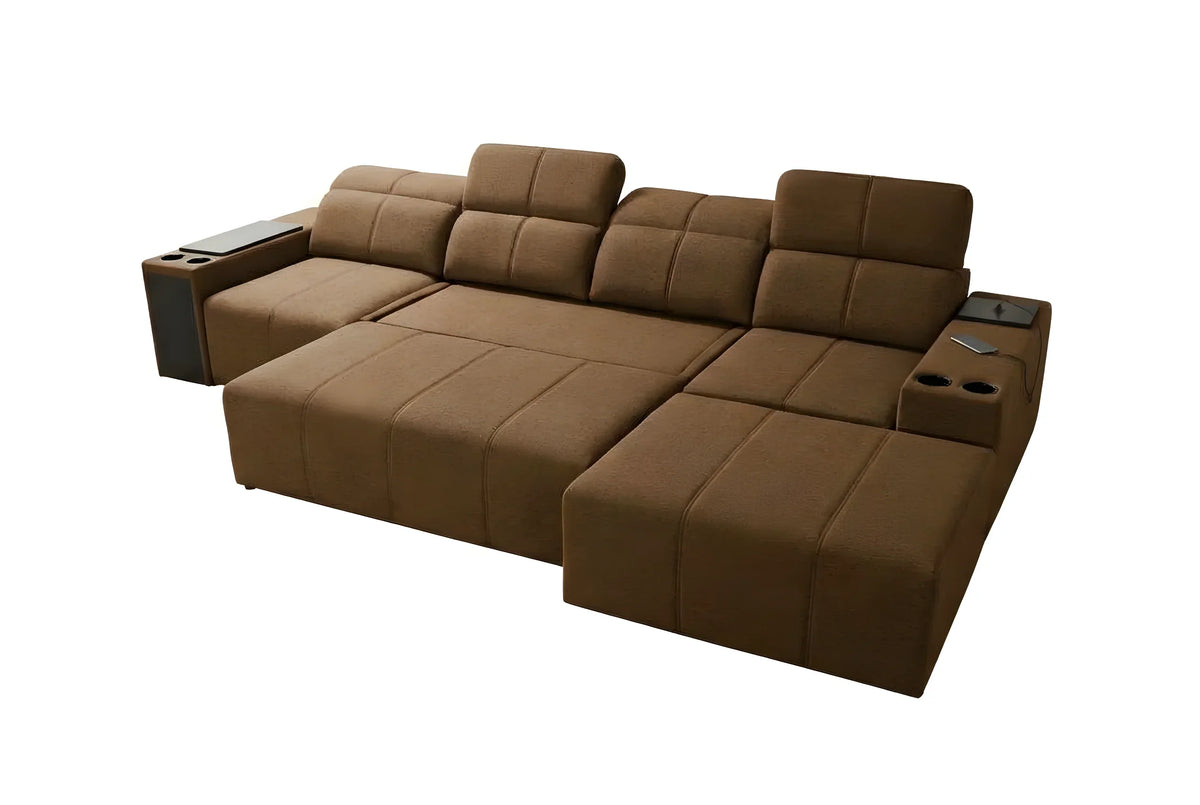 Canapé d'angle marron en tissu microfibre, design moderne avec accoudoirs, porte-gobelets et tablette intégrés pour salon