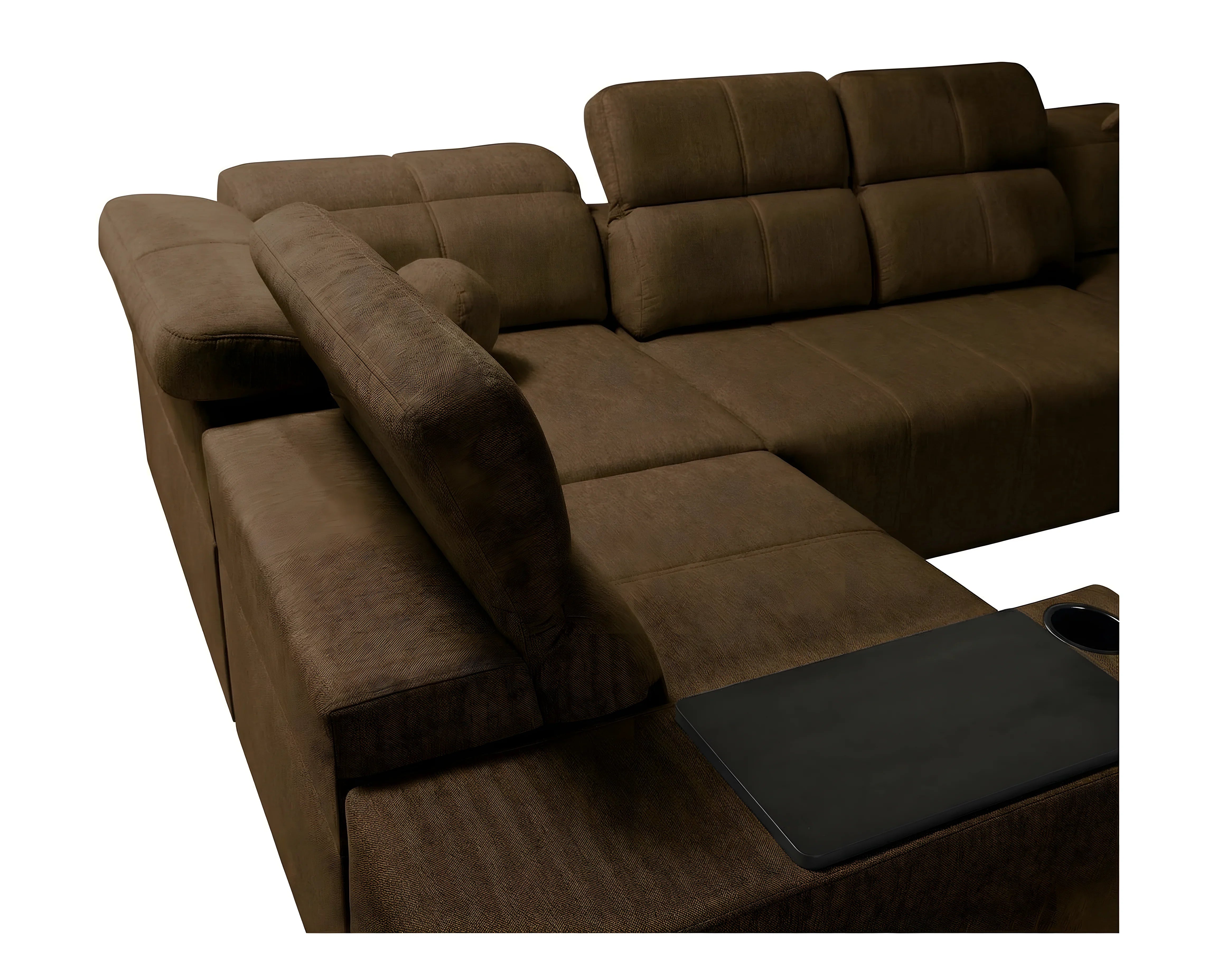 Canapé d'angle marron en tissu microfibre, design moderne, avec table intégrée et porte-gobelet pour salon ou chambre