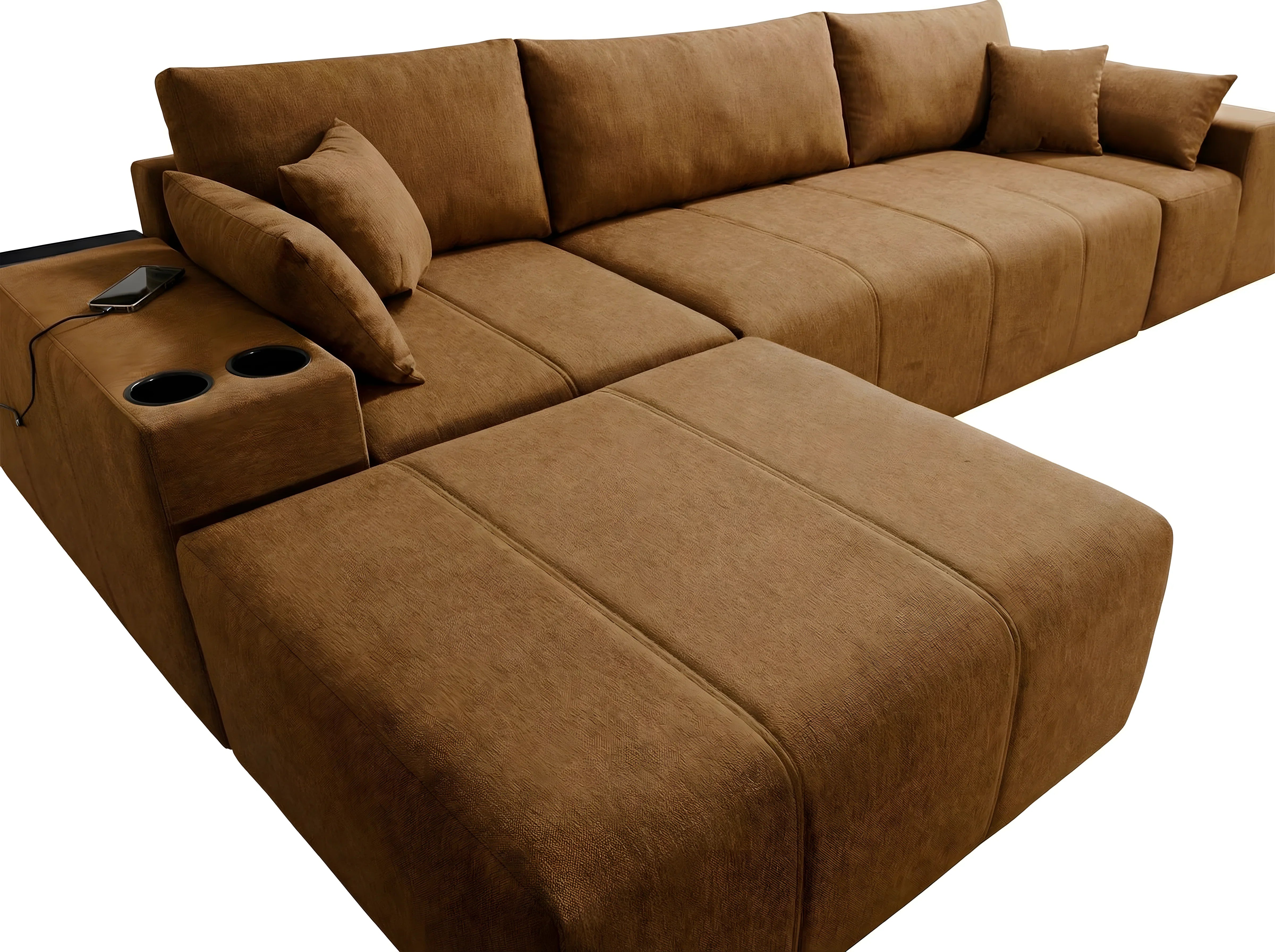 Canapé d'angle marron en tissu doux, design moderne avec coussins et porte-gobelets, idéal pour salon contemporain