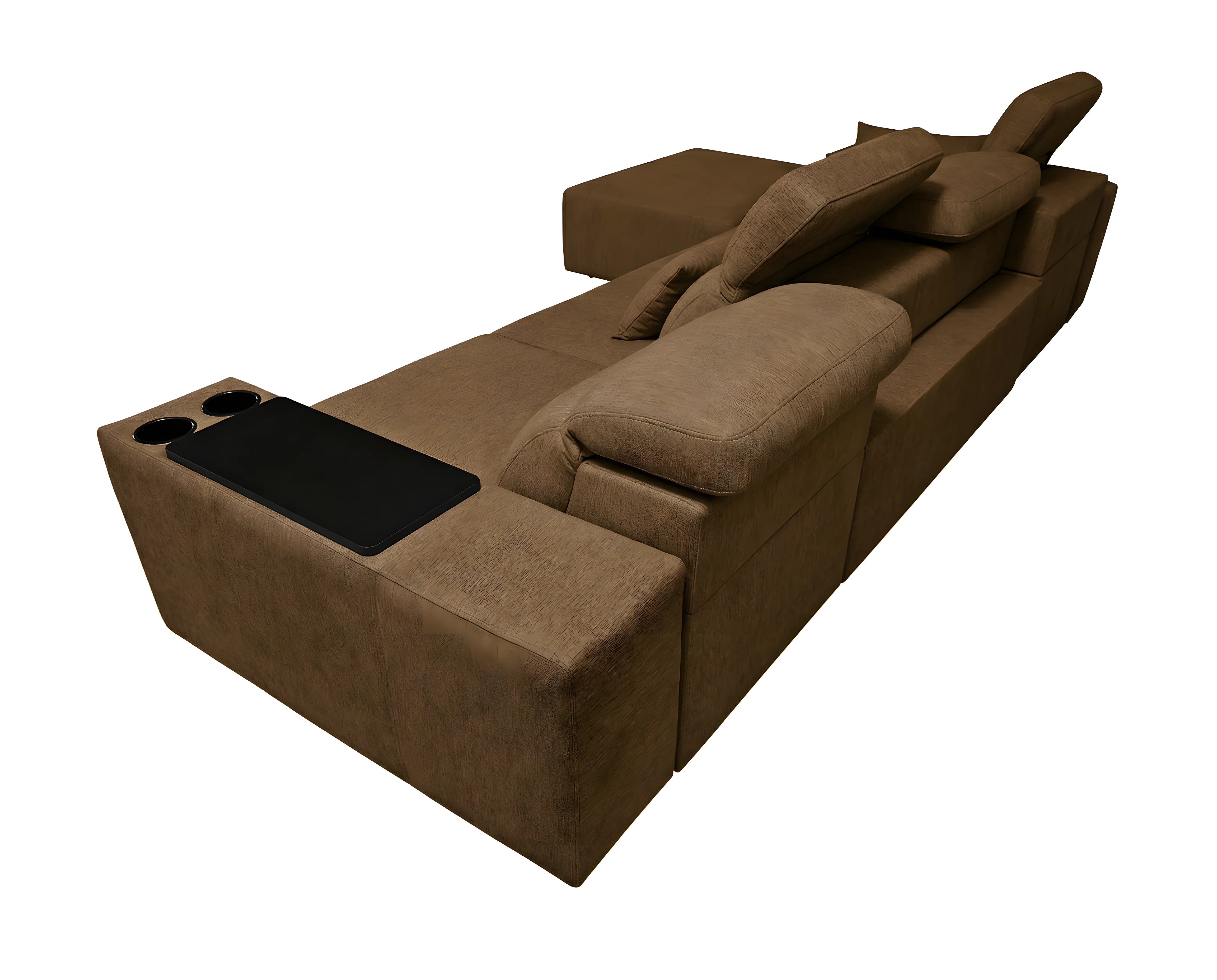 Canapé d'angle marron en tissu avec table noire intégrée. Design contemporain pour salon. Idéal pour se détendre.