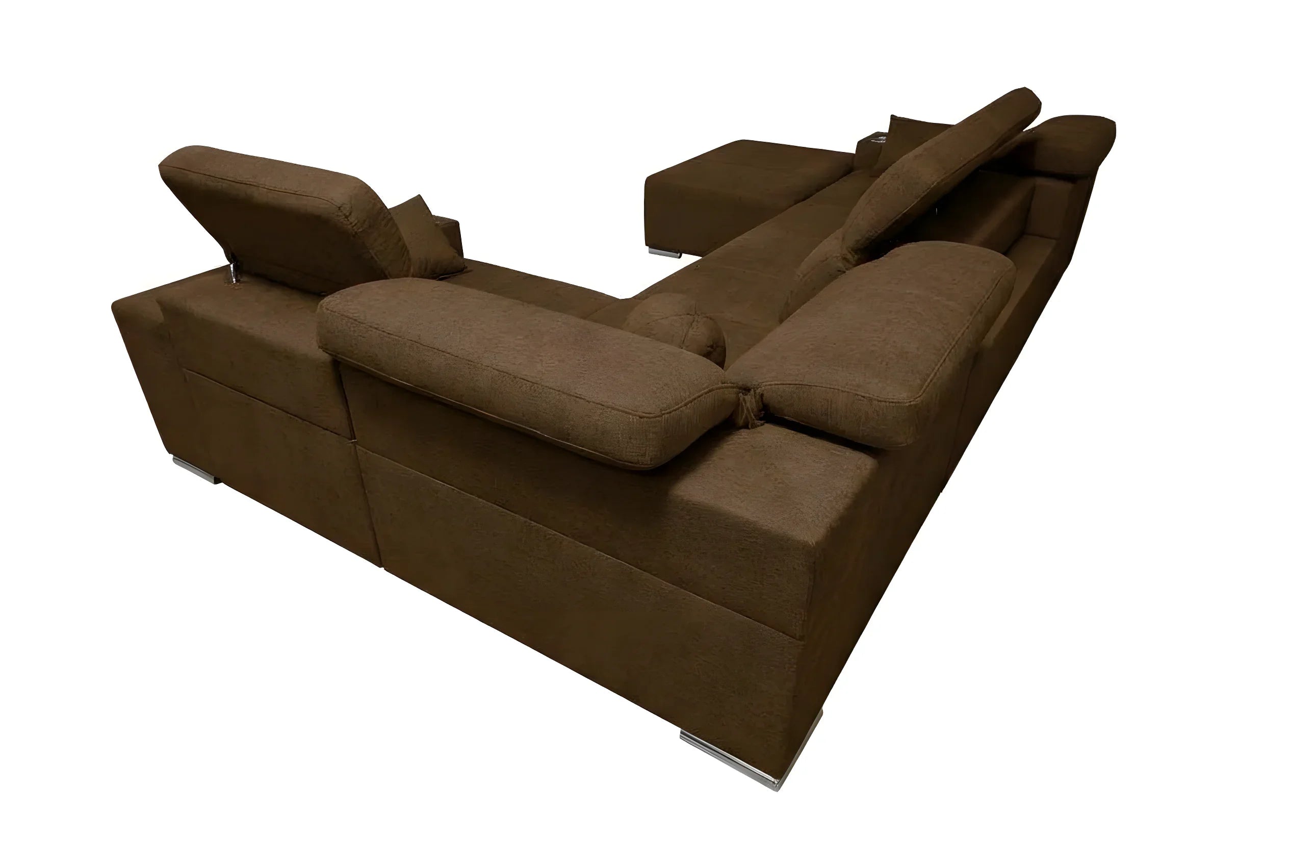 Canapé d'angle marron en tissu. Vue de dessus, design contemporain et confortable pour salon