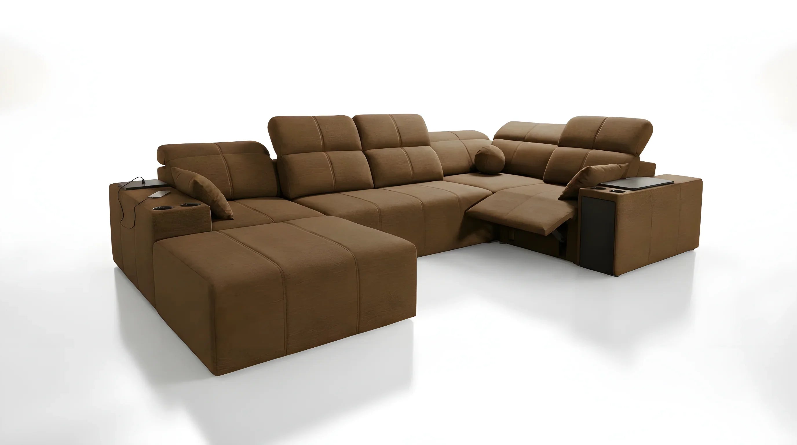 Canapé d'angle marron en tissu avec accoudoirs, ports USB intégrés, idéal pour salon moderne et détendu