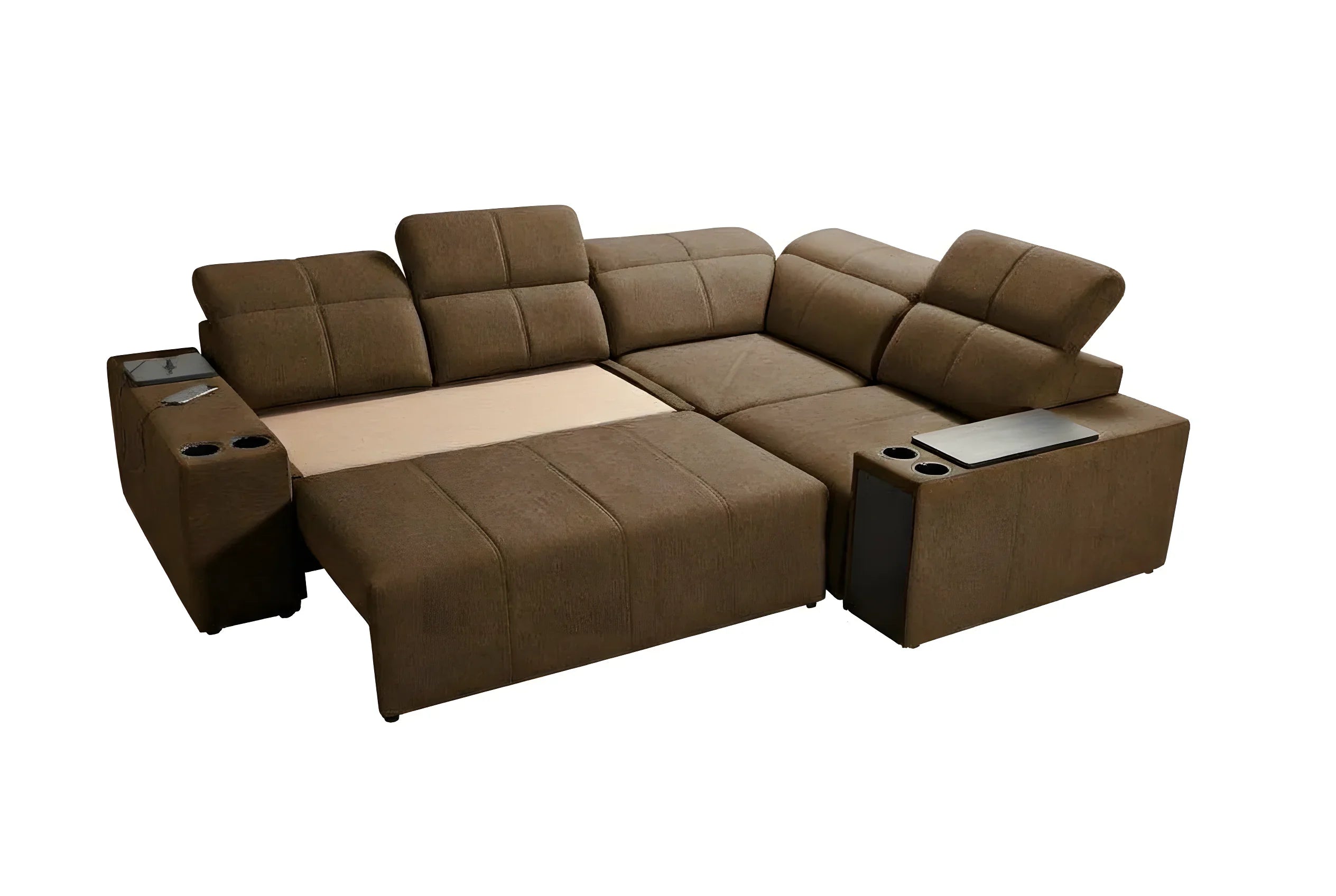 Canapé d'angle marron en tissu avec accoudoirs, tablettes et porte-gobelets, idéal pour salon moderne