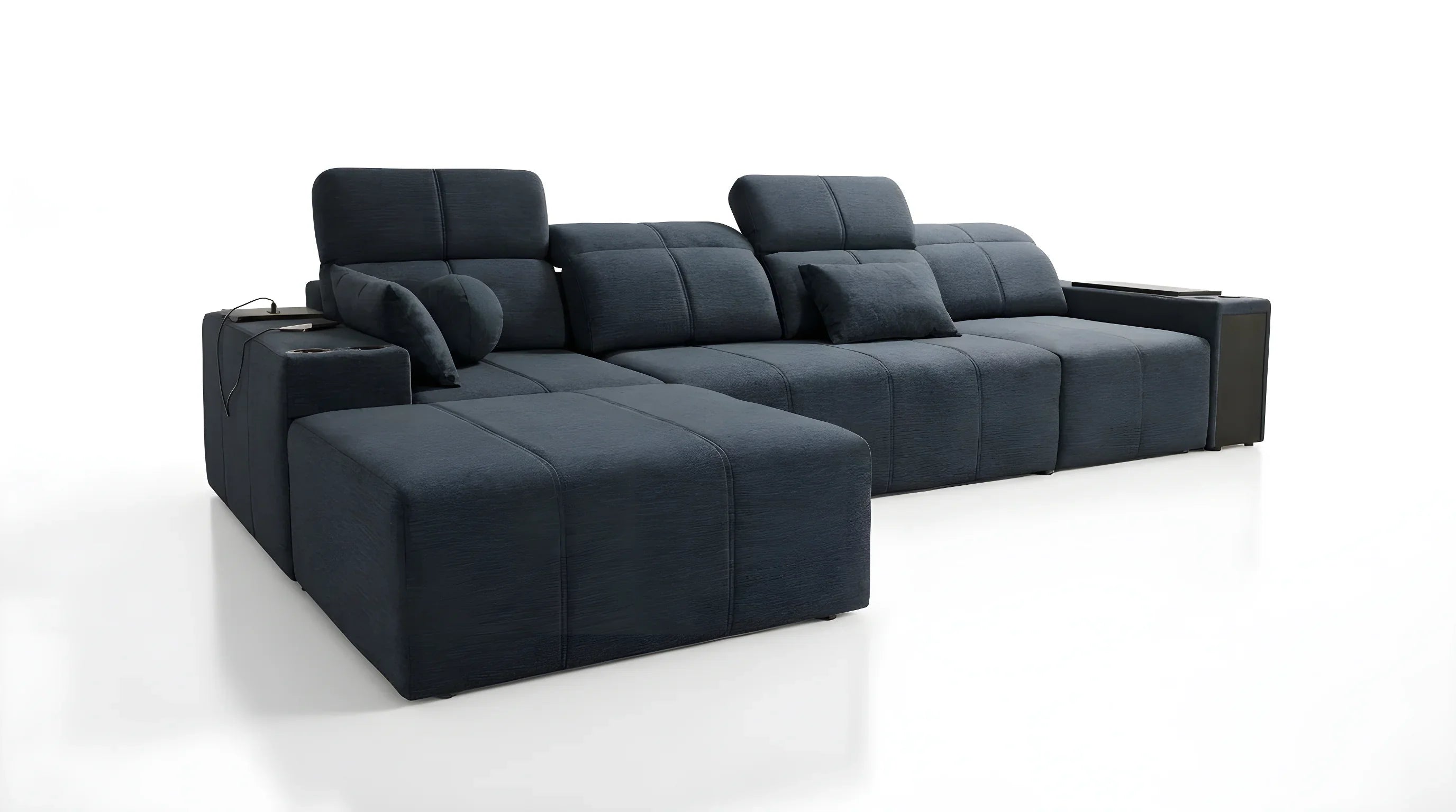 Canapé d'angle modulable bleu nuit en tissu, design contemporain, salon lumineux, coussins confortables