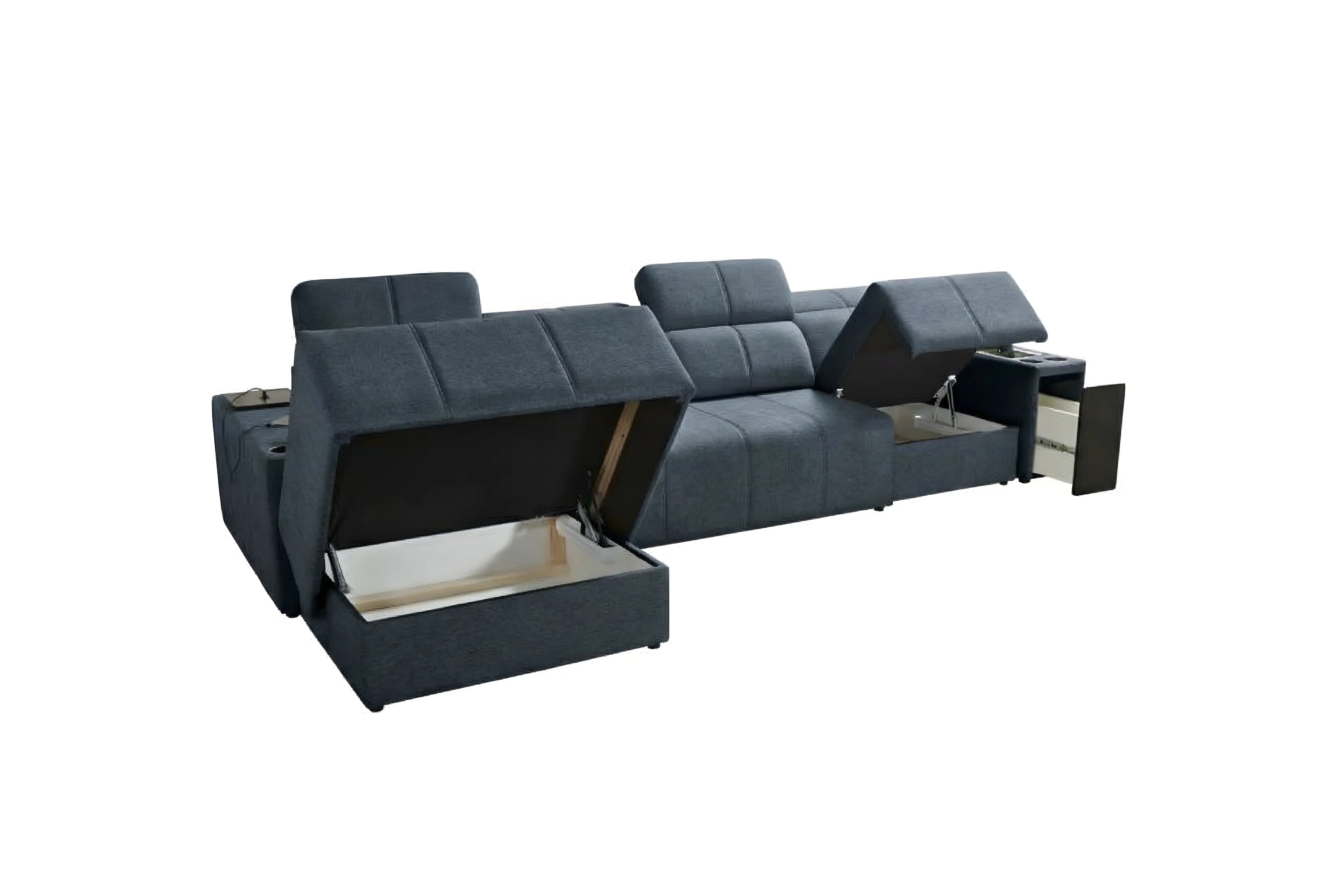 Canapé d'angle bleu en tissu, avec coffres de rangement intégrés, idéal pour salon moderne et gain de place