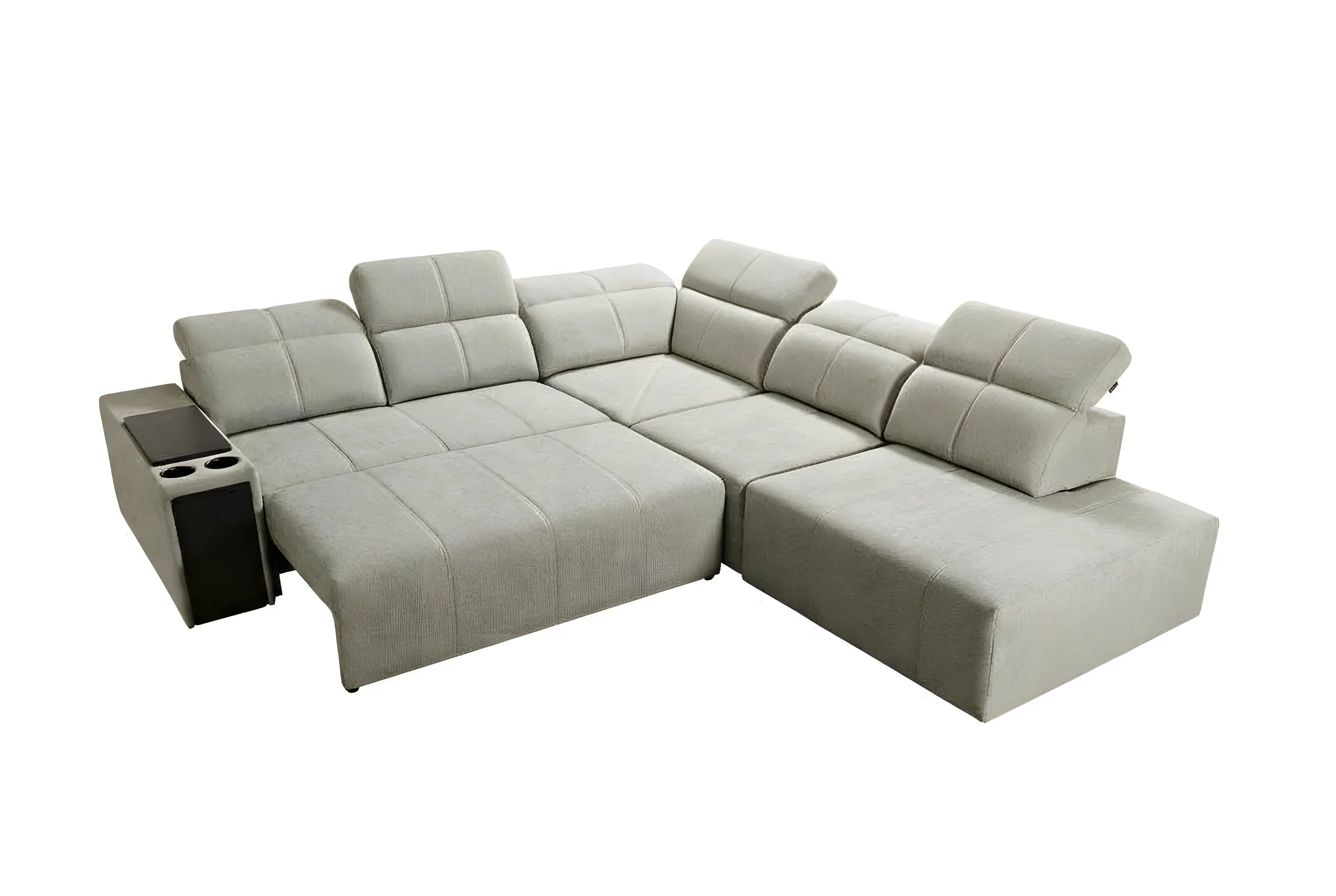 Canapé d'angle gris clair en tissu, design moderne avec têtières réglables et porte-gobelets intégrés pour salon