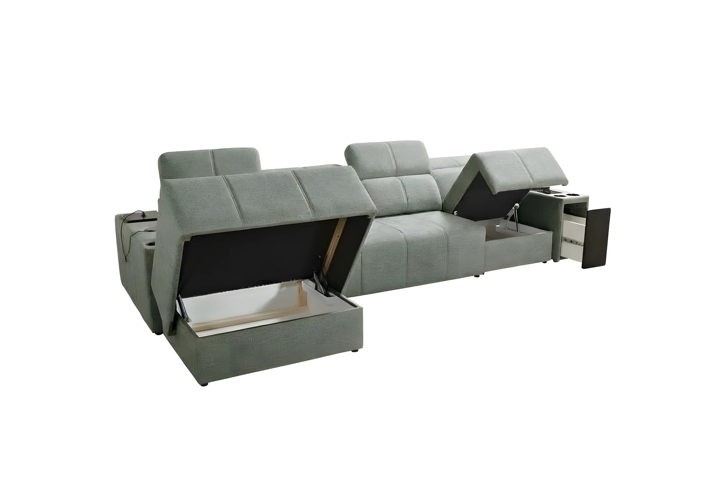 Canapé d'angle gris en tissu avec coffre de rangement ouvert, idéal salon moderne, vue rapprochée