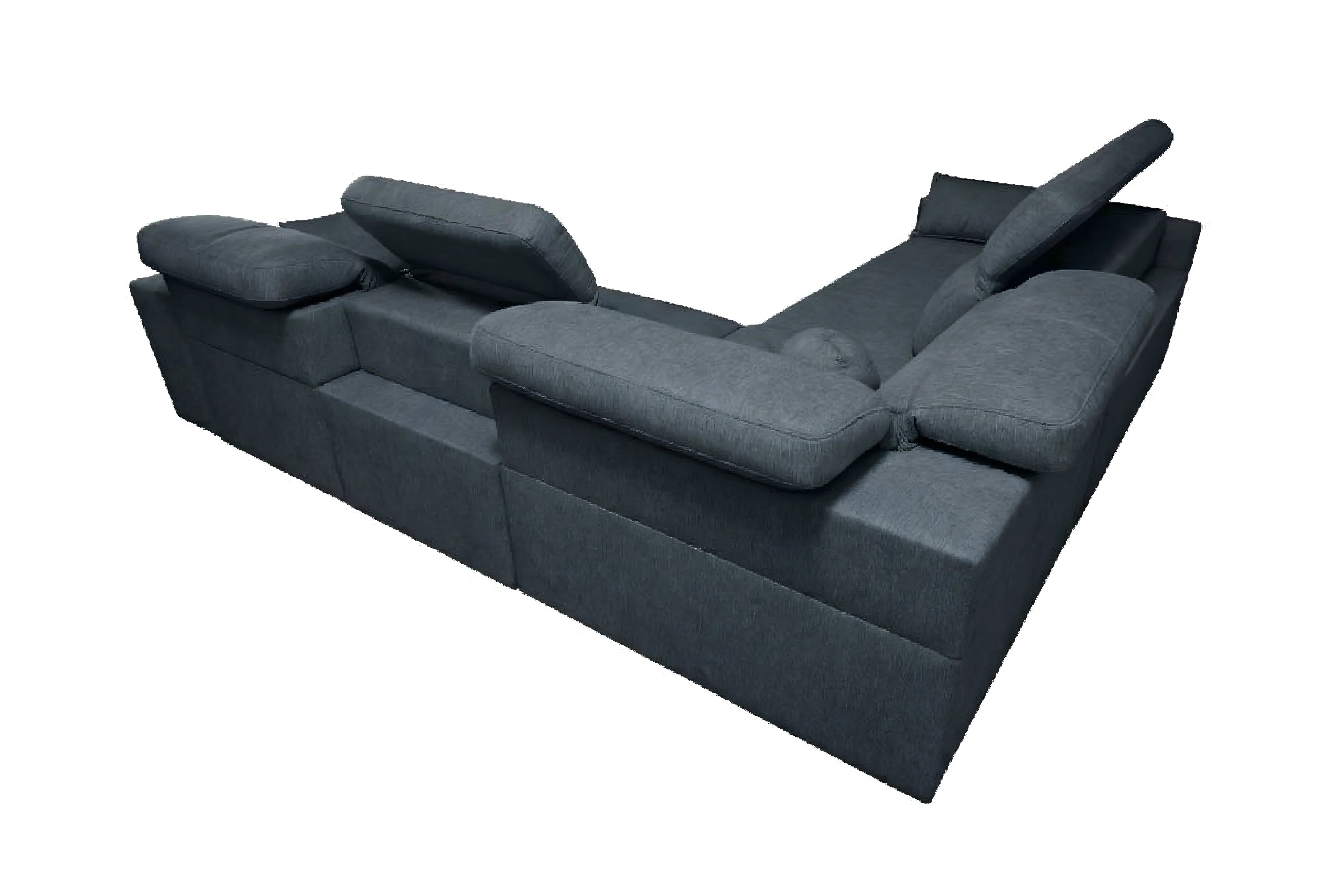 Canapé d'angle gris en tissu, de forme moderne. Idéal pour salon contemporain, avec coussins réglables et accoudoirs confortables.