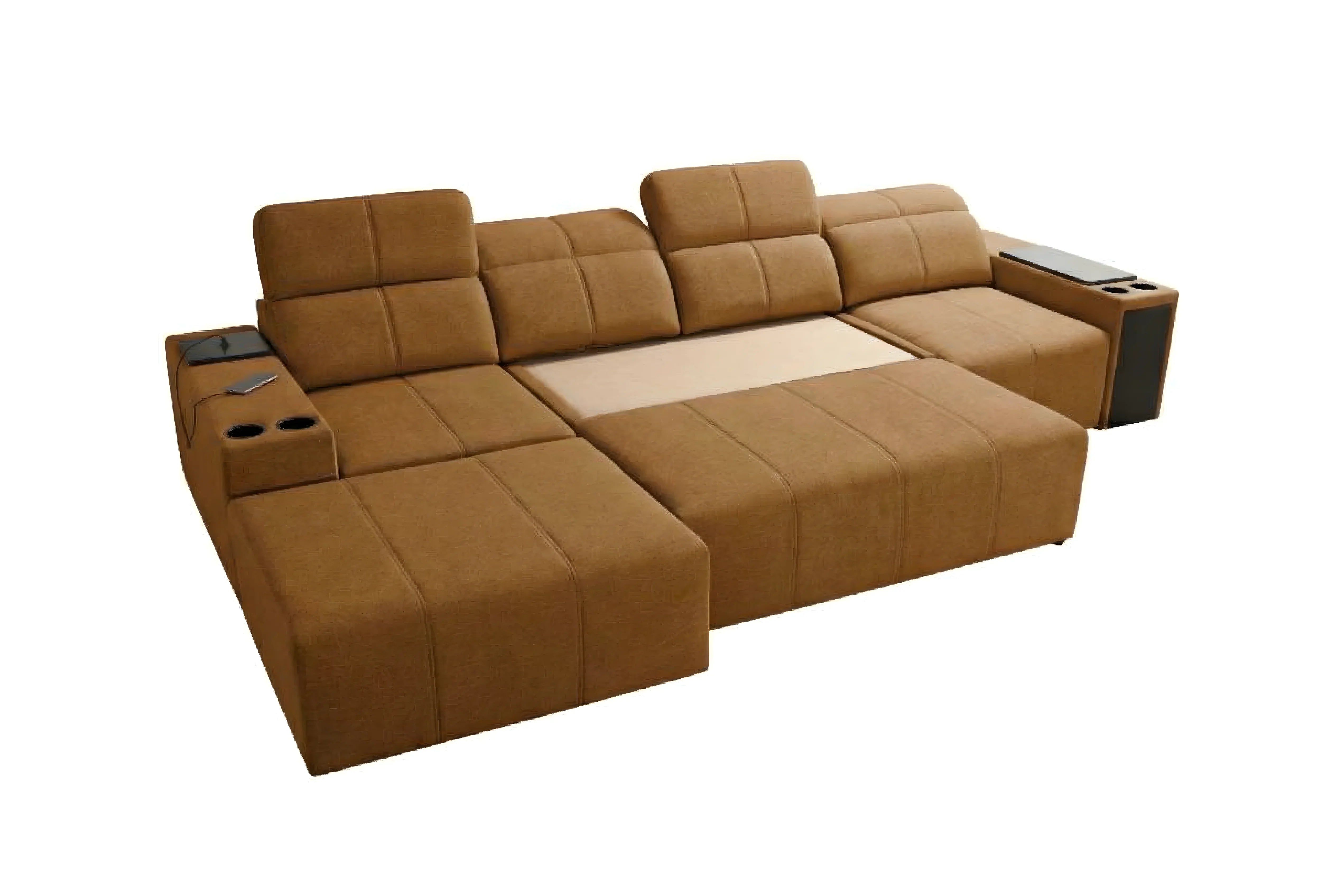 Canapé d'angle marron en tissu capitonné avec accoudoirs, porte-gobelets et tablette, parfait pour salon moderne