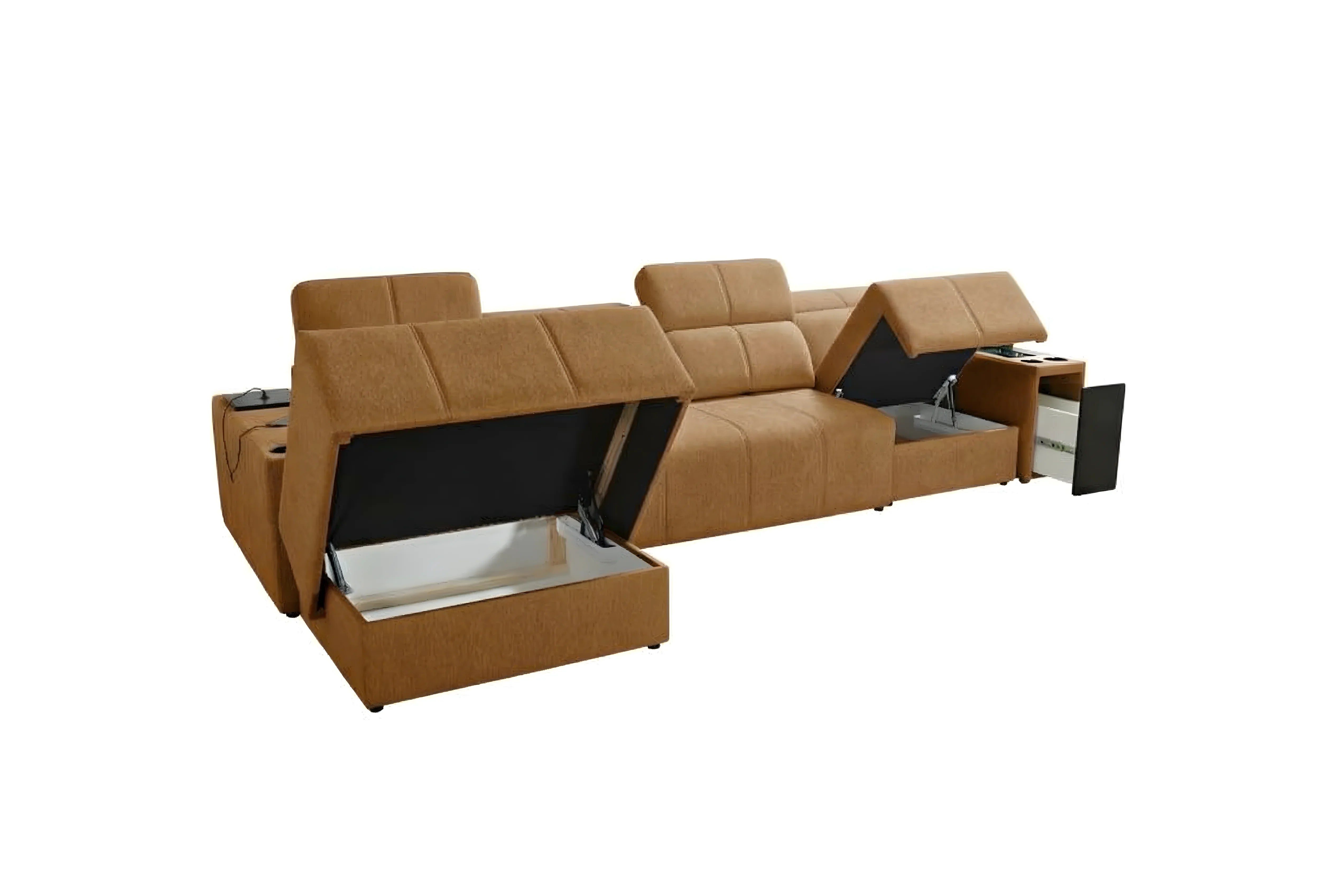 Canapé d'angle marron en tissu avec accoudoirs relevables et rangements intégrés, idéal salon moderne