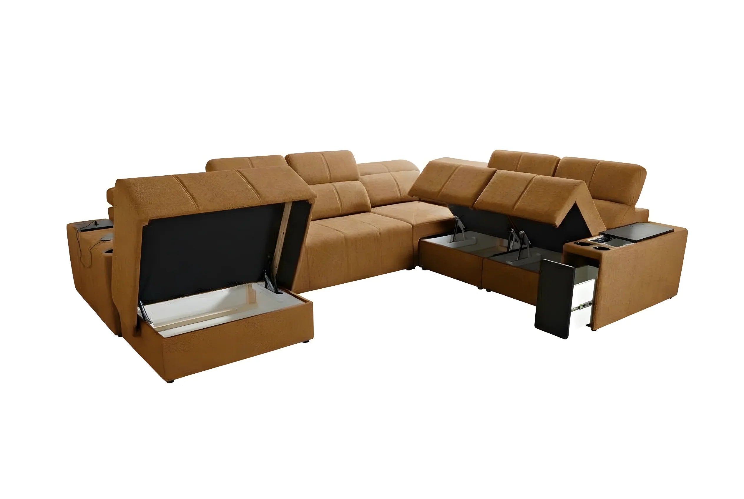 Canapé d'angle en tissu marron avec accoudoirs, dossiers, rangements et ouvertures pour un salon moderne