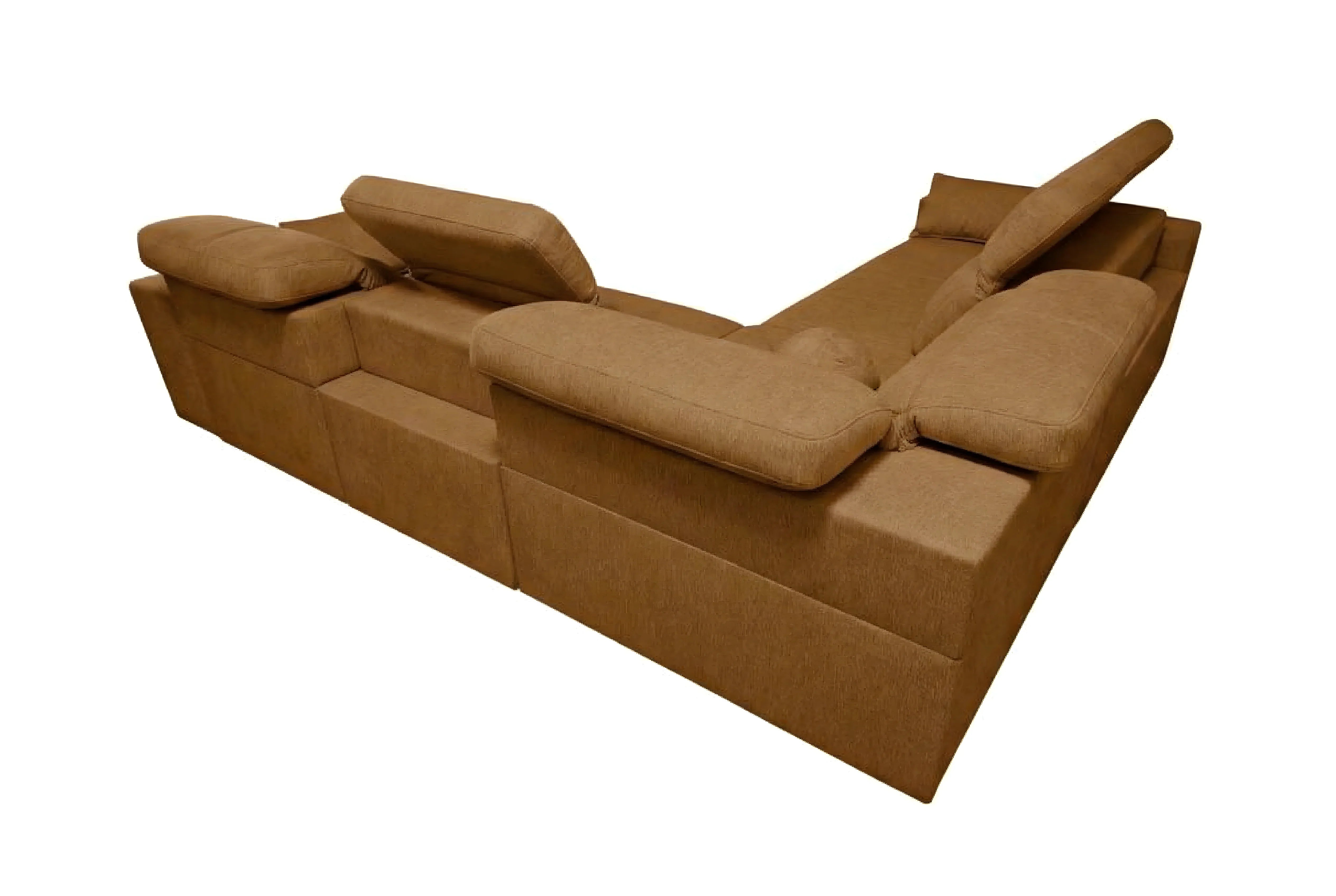 Canapé d'angle marron en tissu avec dossiers réglables, salon moderne, vue de face, sur fond blanc.