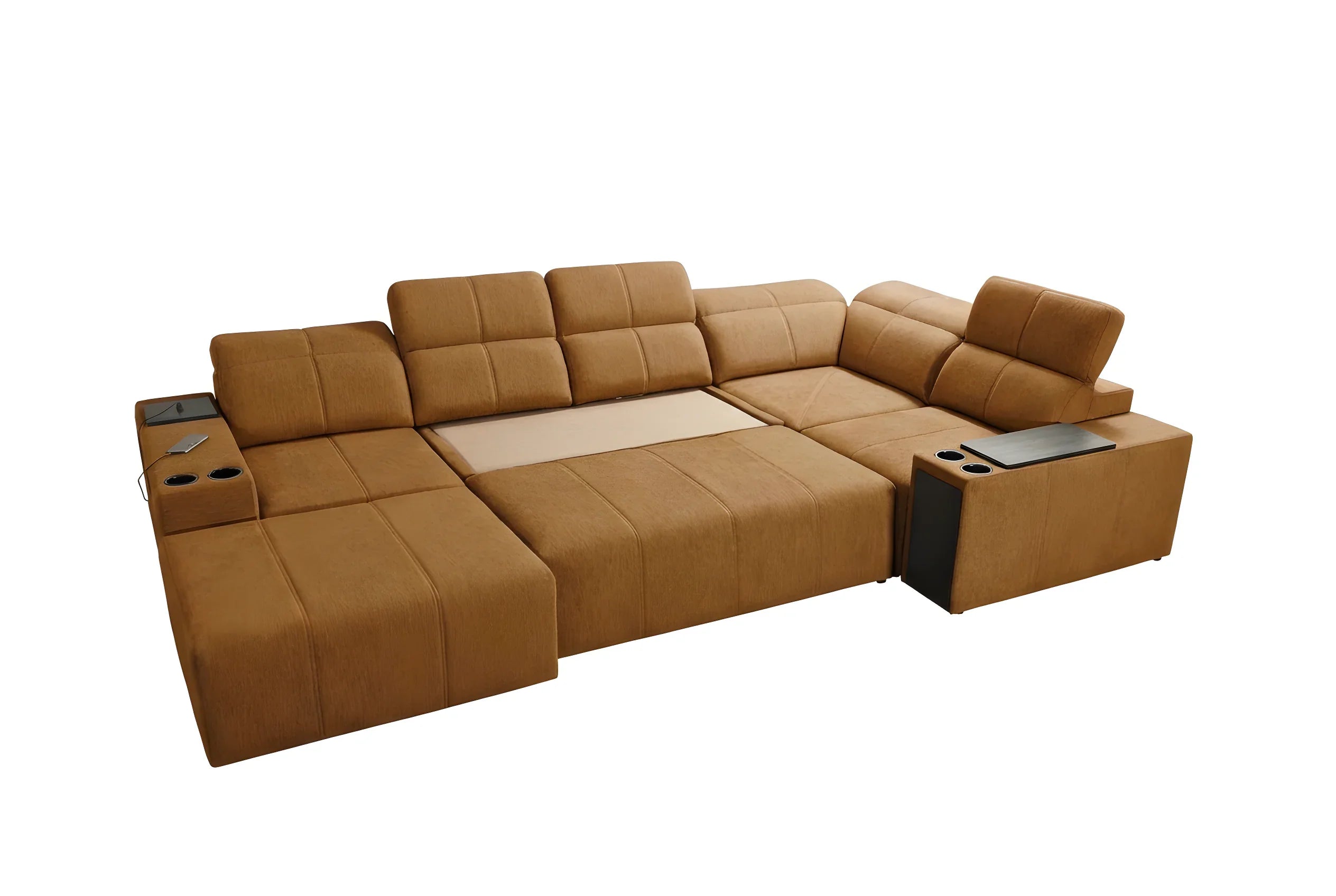 Canapé d'angle en tissu marron avec accoudoirs, porte-gobelets intégrés et tablettes, dans un salon moderne