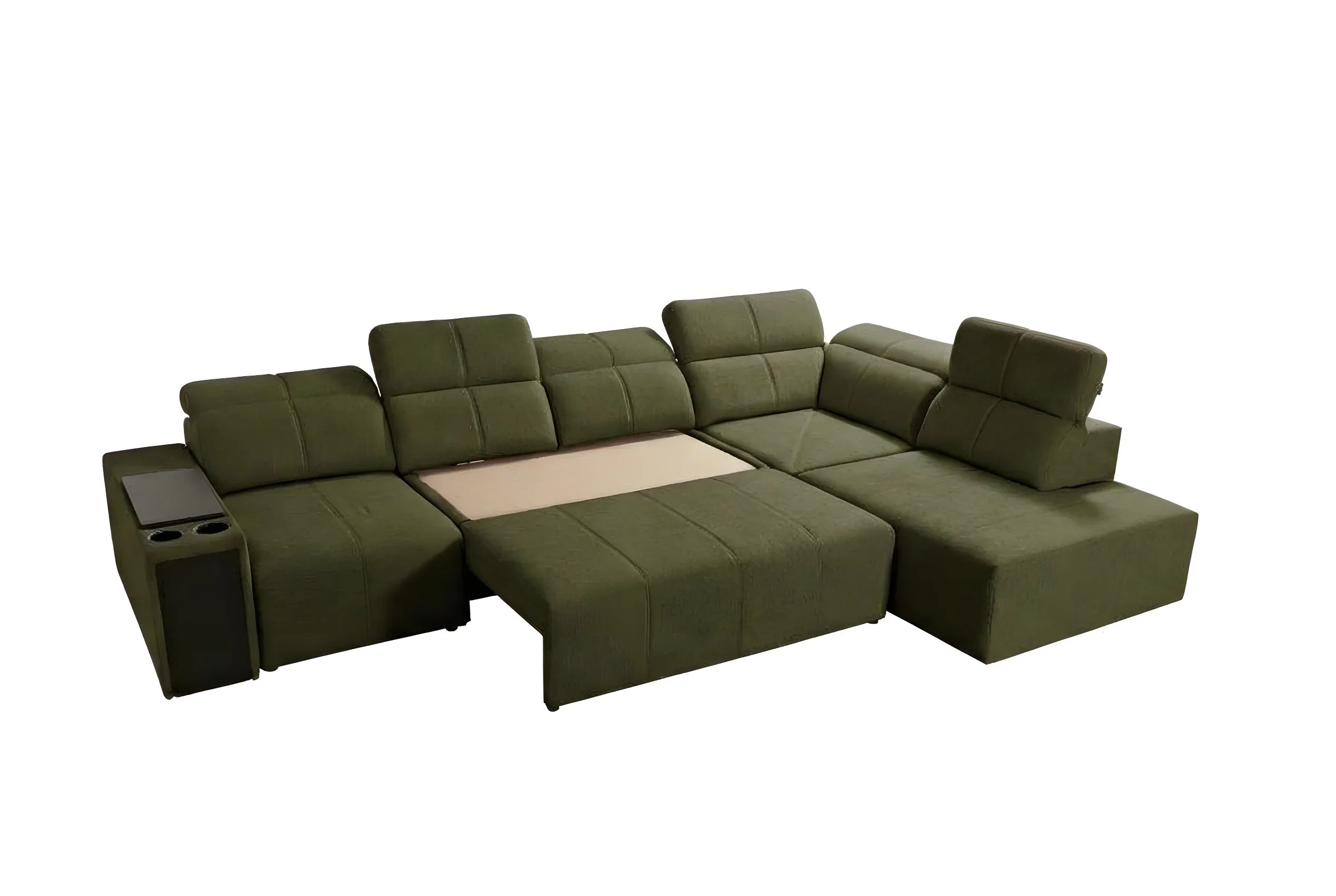 Canapé d'angle vert en tissu avec accoudoir, porte-gobelets, forme en L pour salon, vue de face sur fond blanc