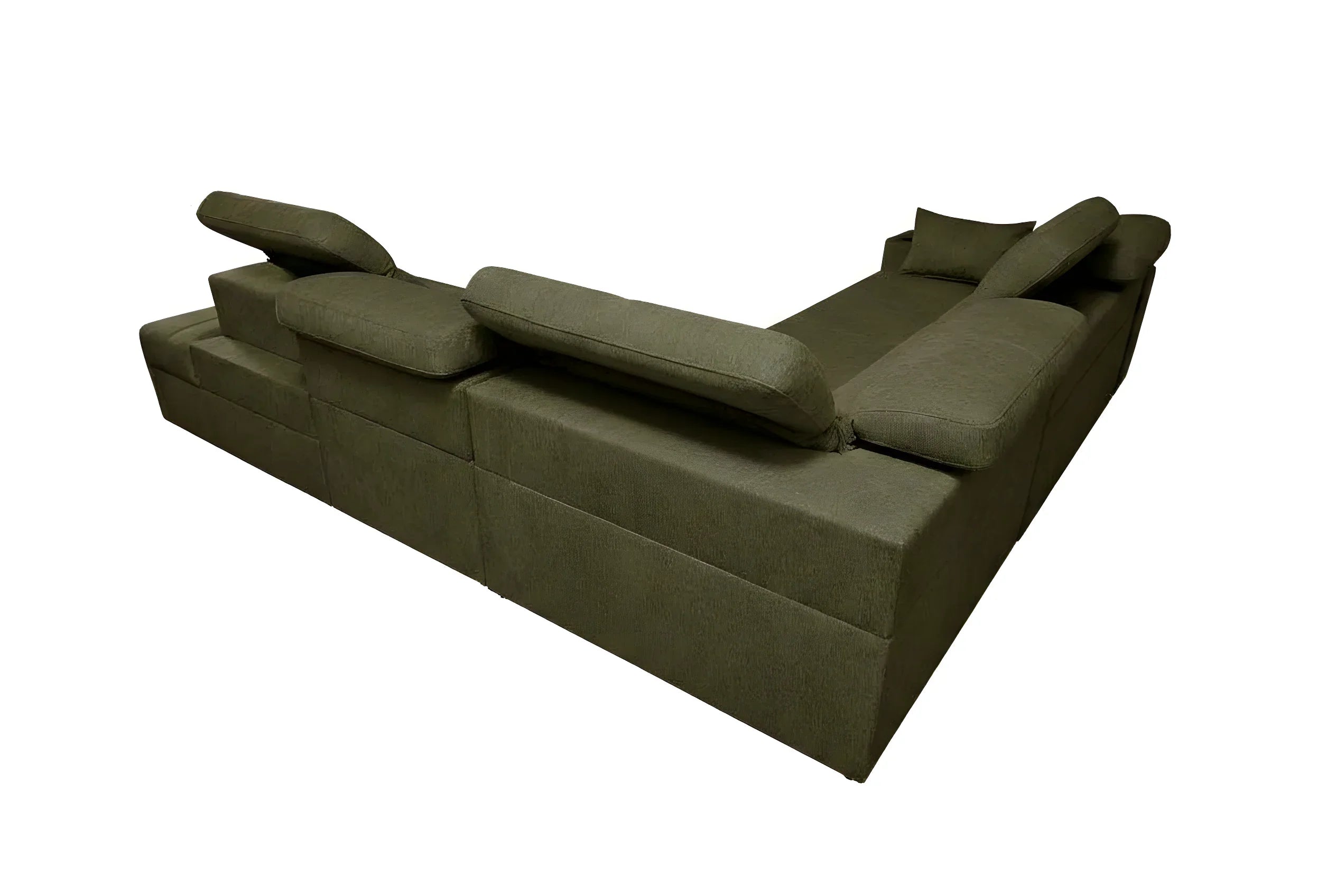 Canapé d'angle vert en tissu texturé, design contemporain pour salon, vue de trois quarts, coussins confortables