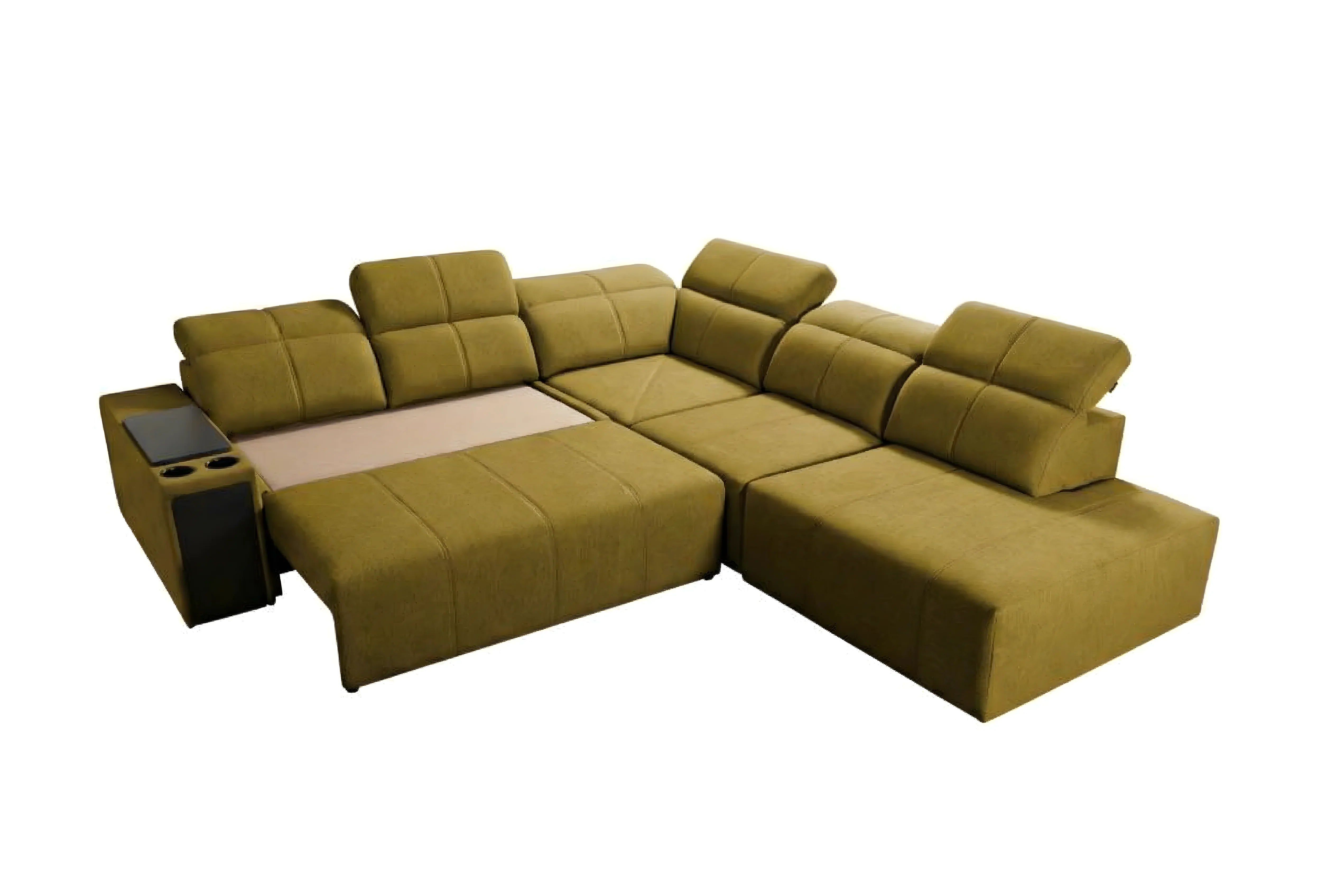 Canapé d'angle vert olive en tissu avec accoudoir, coussins réglables et table intégrée, pour salon contemporain
