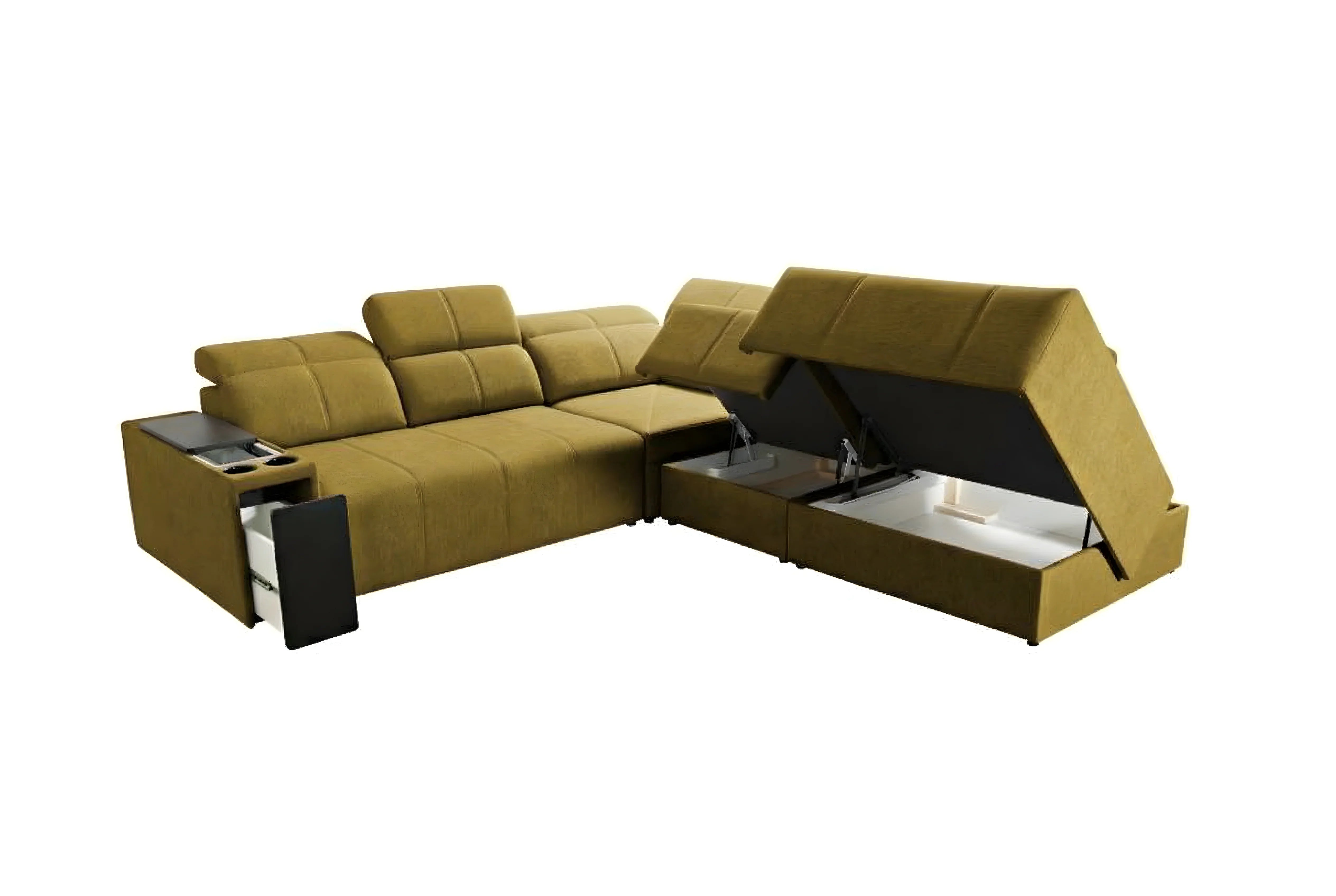 Canapé d'angle vert olive en velours avec coffre de rangement ouvert, modèle contemporain pour salon