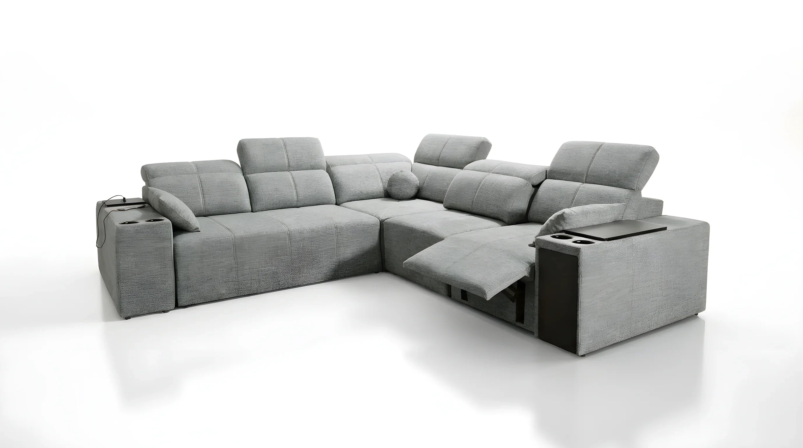Canapé d'angle gris en tissu, design moderne avec dossiers réglables et accoudoirs, idéal salon