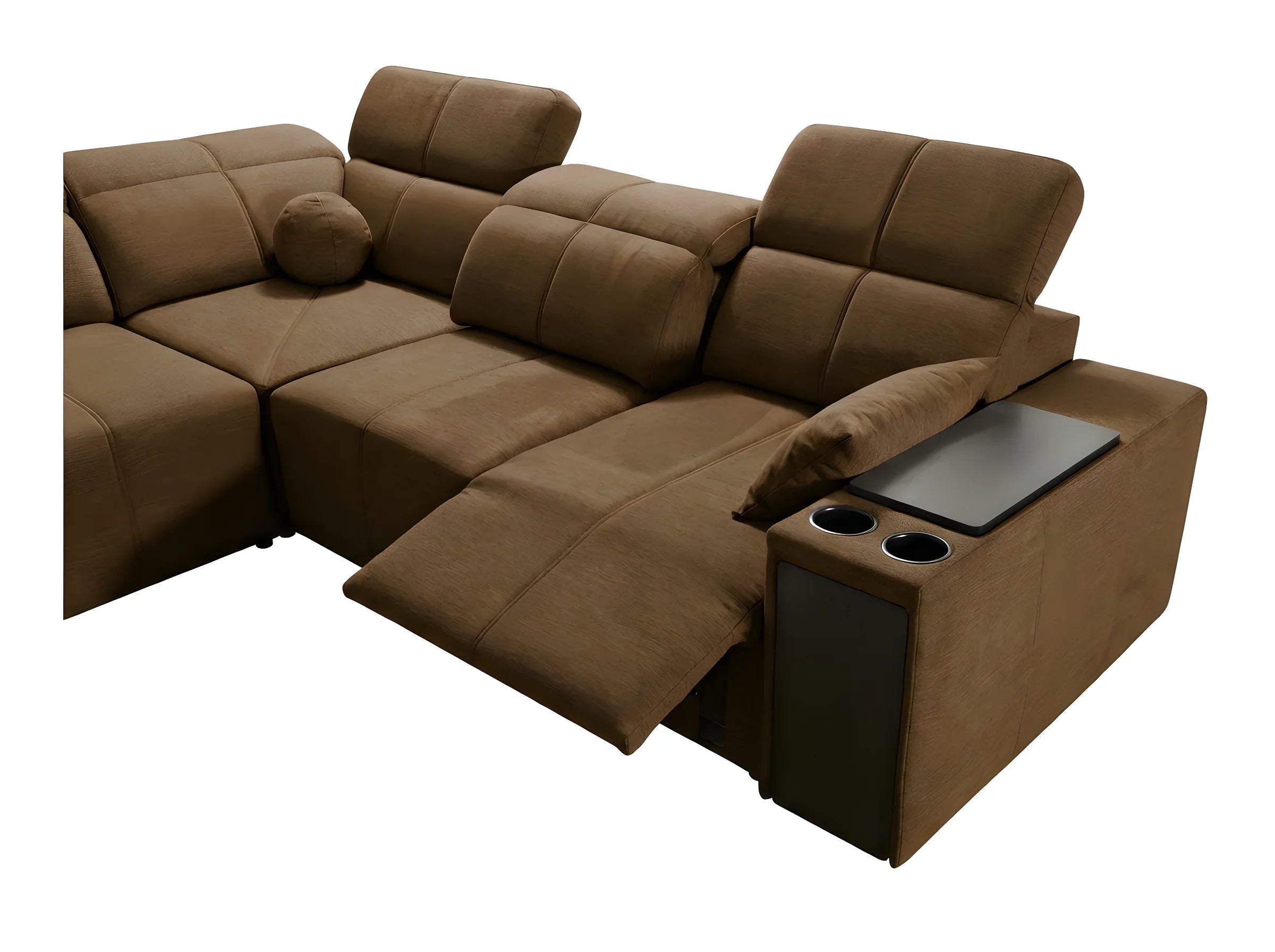 Canapé d'angle relax en tissu marron, design moderne, avec porte-gobelets et table pour salon